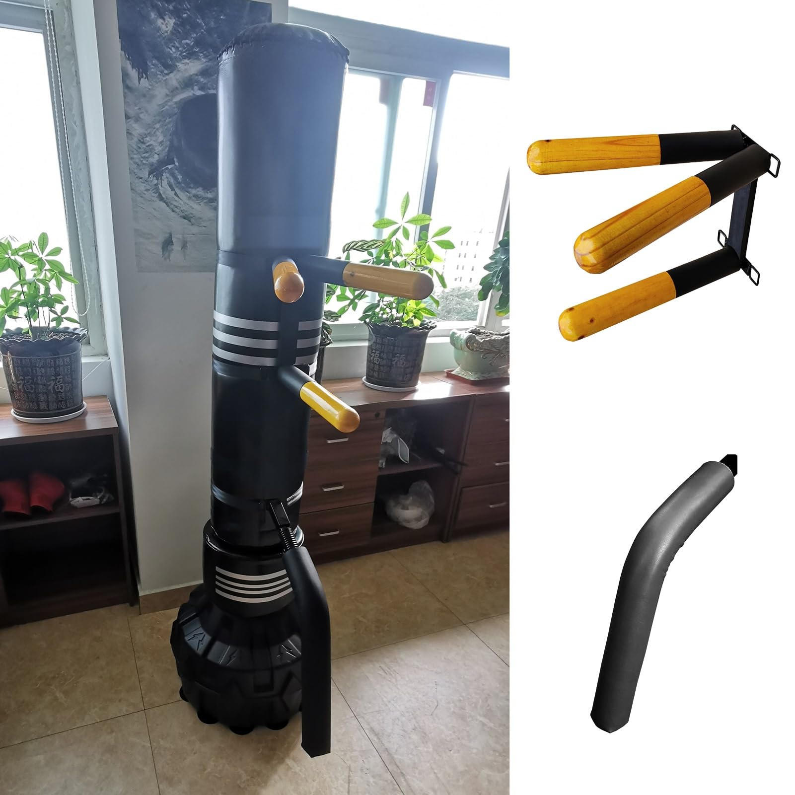 Wing Chun Manekin Drewniany Manekin Wing Chun na Worek z Piaskiem, Przenośny Sprzęt Treningowy Wing Chun do Treningu w Domu, Drewniany Stos Sprężynowych Ramion i Nóg