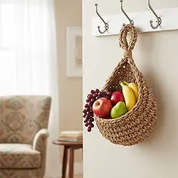 Cesto de frutas Boho para pendurar na parede — organizador de produtos de parede para pendurar na parede, despensa de cozinha, armazenamento de parede para casa