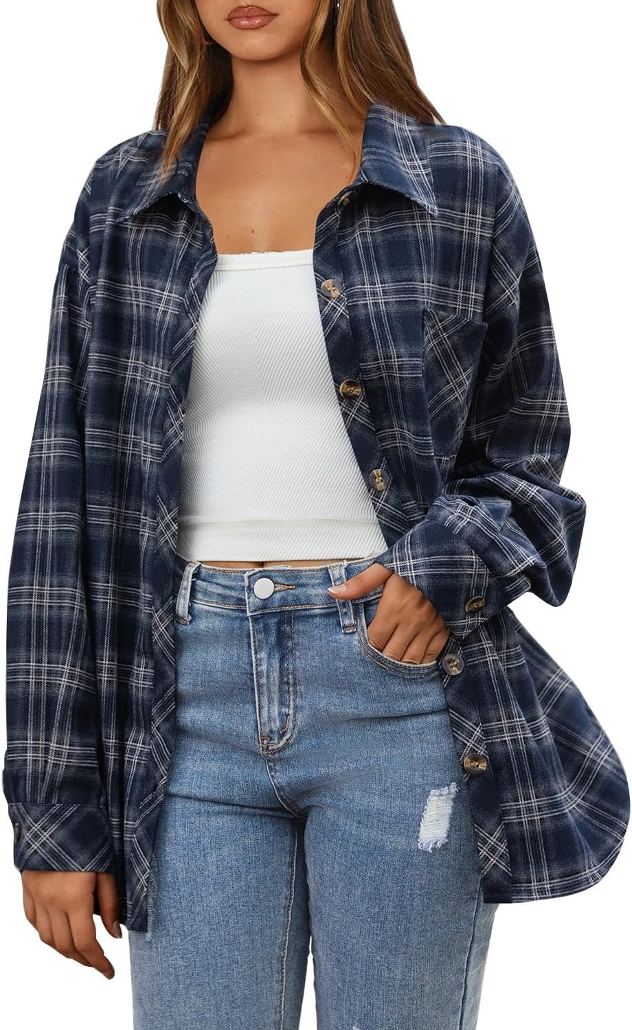 CHYRII Womens Oversized Flannel Shirts Button Down Long Sleeve Plaid Shirt Business Casual Blouse Top Medium Navy-7182