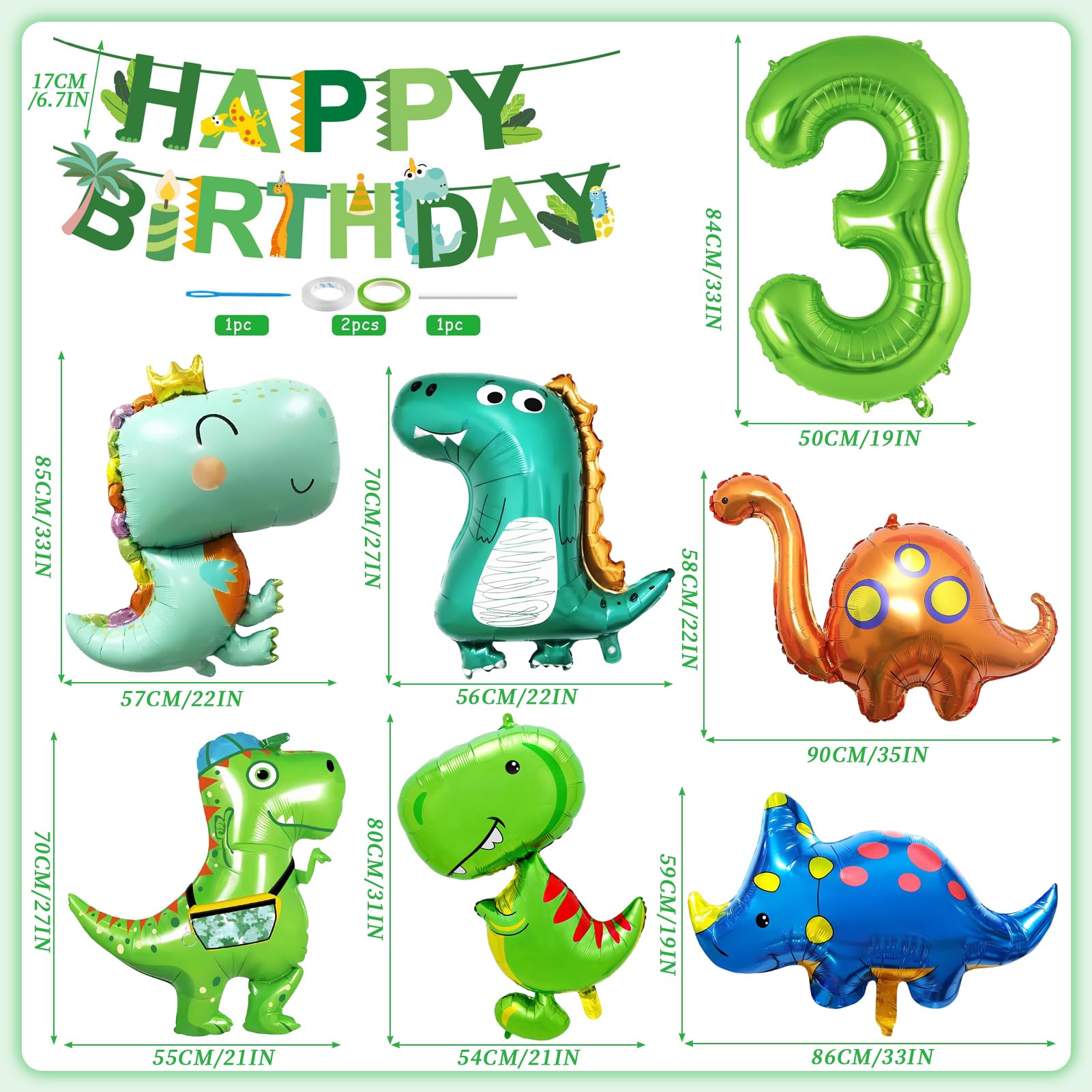 Globos Dinosaurio Decoración Cumpleaños 3 Años, XXL Globos Dino con Happy Birthday Bandera, Fiesta Dinosaurios