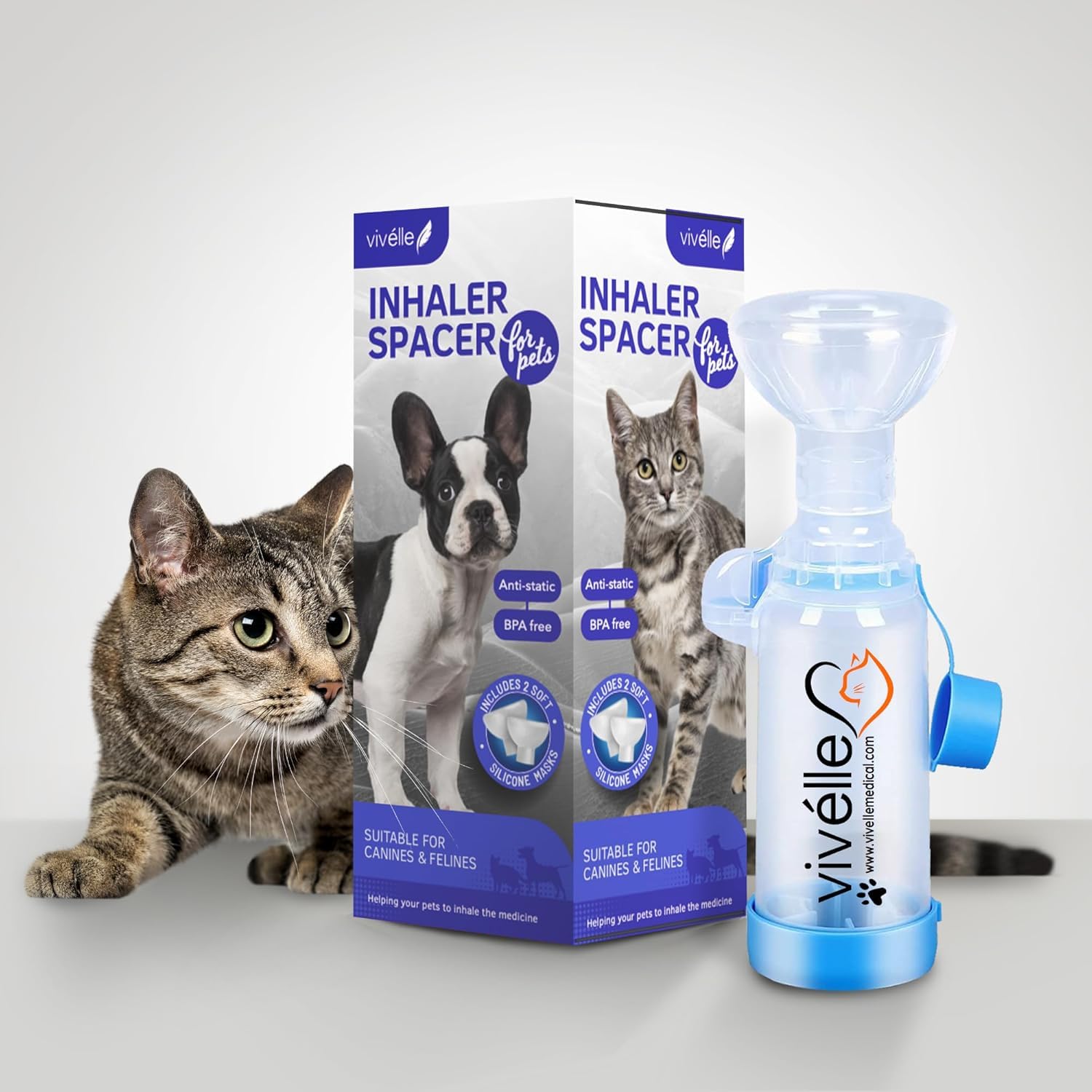 Vivelle Handheld Inhaler Spacer with 2 Masks for Cats and Small Dogs Inhaler Spacer for MDI