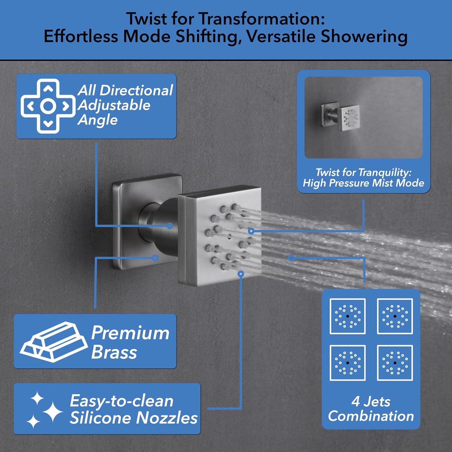 VANFOXLE Shower Faucet Set Brushed Nickel Shower System,Four Modes Shower Faucet with 2 in 1 Handheld,Ceiling Mount 10 Inch Shower Head with 6 Inch Shower Head, 4 PCS Dual Modes Body Jets - Image 4