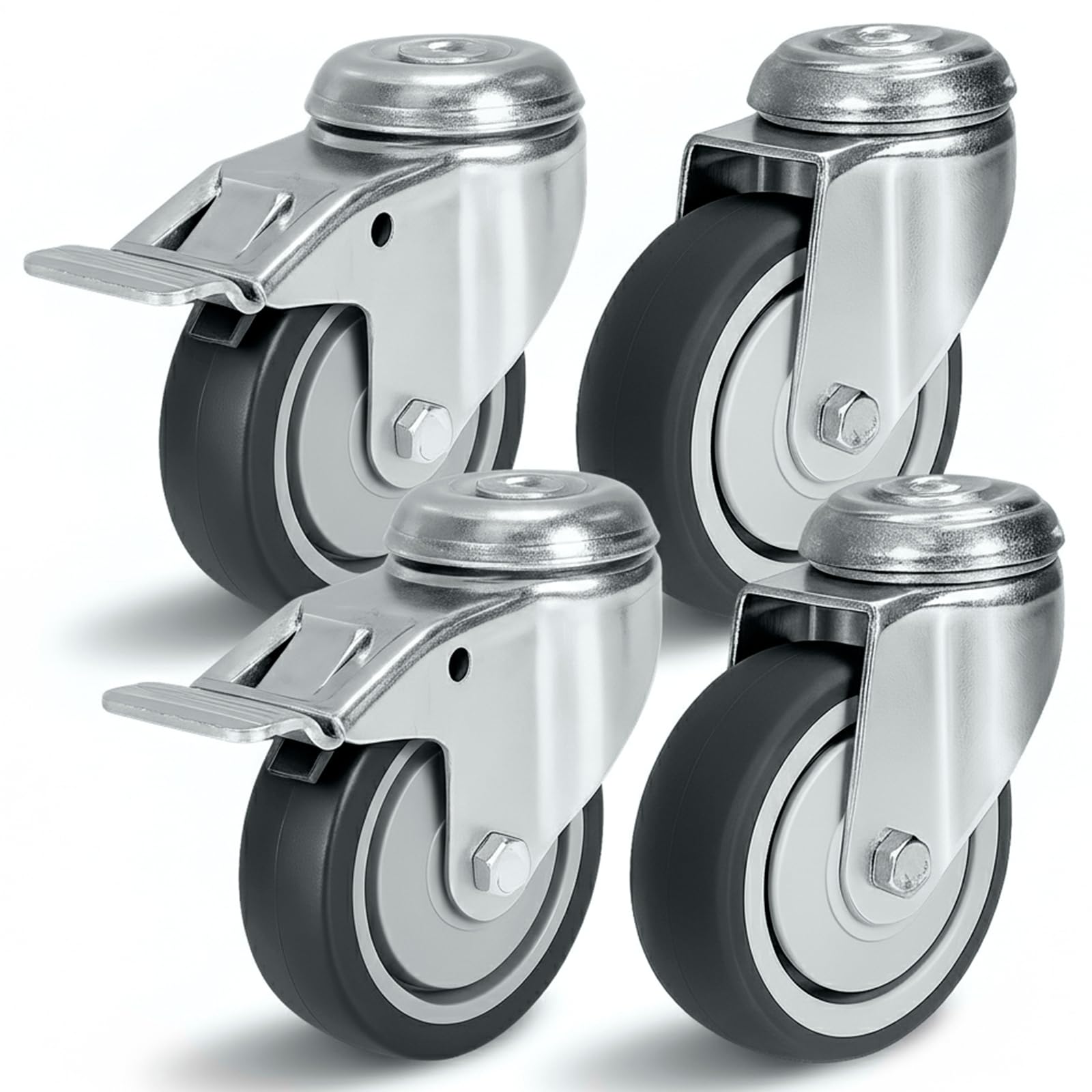PRIOstahl Möbelrollen mit Rückenloch 75mm Set mit Bremse - Lenkrollen bis 240kg Schwerlastrollen - Spurlos Abrollende Laufrollen Rollen für Möbel Arbeitstisch Werkstatt Räder Rollbrett Transportroller