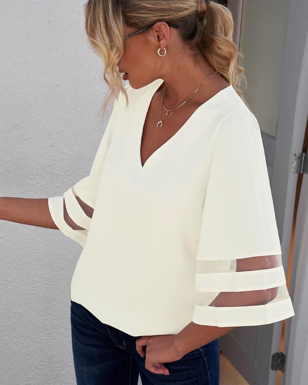 Utyful Dressy Tops for Women Women's Summer Casual V Neck Mesh Panel 3/4 Bell Sleeve Loose Blouse Top - Image 5