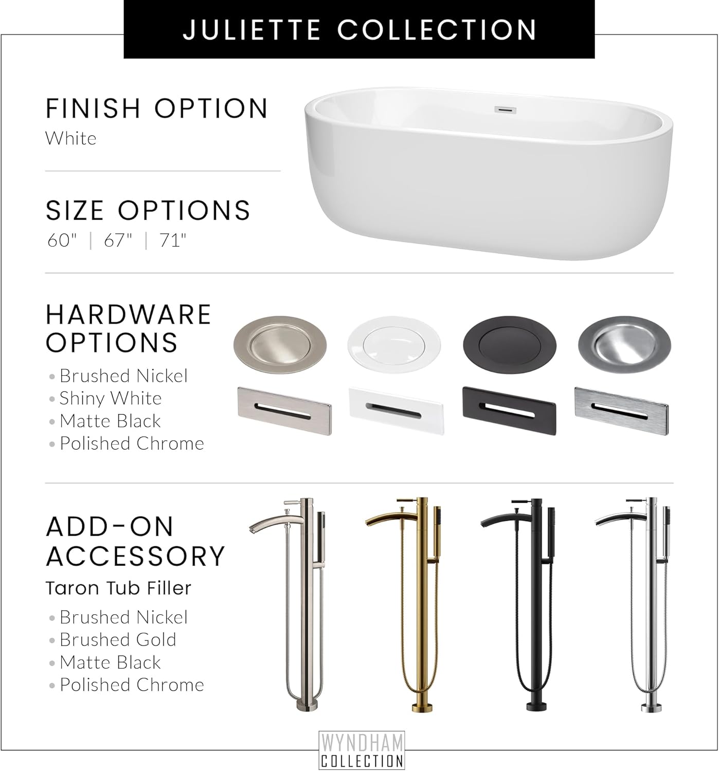 "Juliette 67 inch Freestanding Bathtub in White with Floor Mounted Faucet, Drain and Overflow Trim in Brushed Nickel"