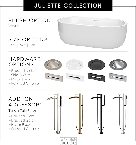 Miniatura 8 de Juliette - Bañera independiente de 71 pulgadas en color blanco con drenaje blanco brillante y ribete de desbordamiento