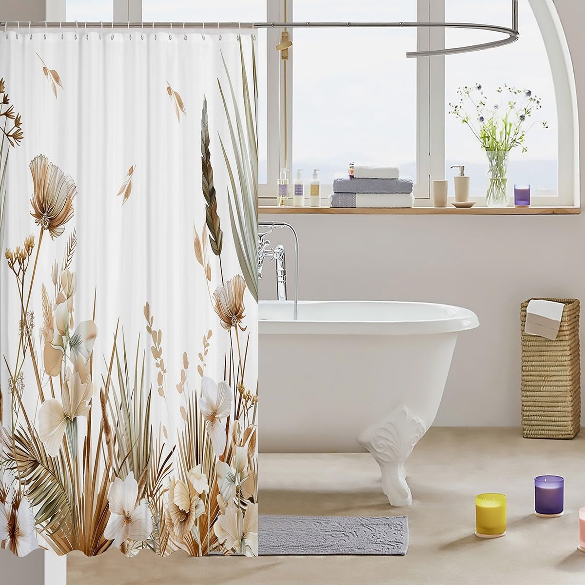 jejeloiu Brown Floral Leaves Shower Curtain for Bathroom Decor 72"x78" Kids Bath Curtain Boys Girls Boho Bohemian Bathroom Accessories Spring Wildflower Waterproof Polyester Fabric,12 Hooks Suits