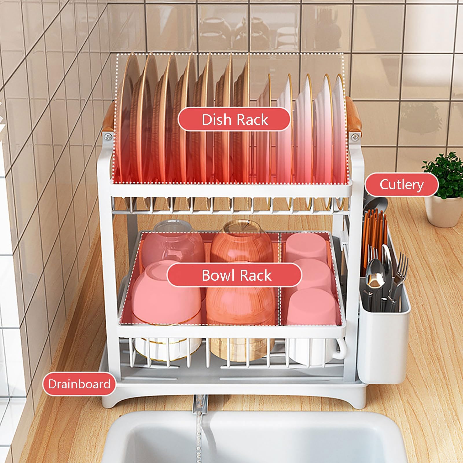 Escurridor de Platos Ahorra Espacio Escurridor de Platos 2 Niveles con Bandeja Recogegotas y Portacubiertos Secador Boquilla Giratoria 360° Multifuncional Organizador Cocina Fregadero