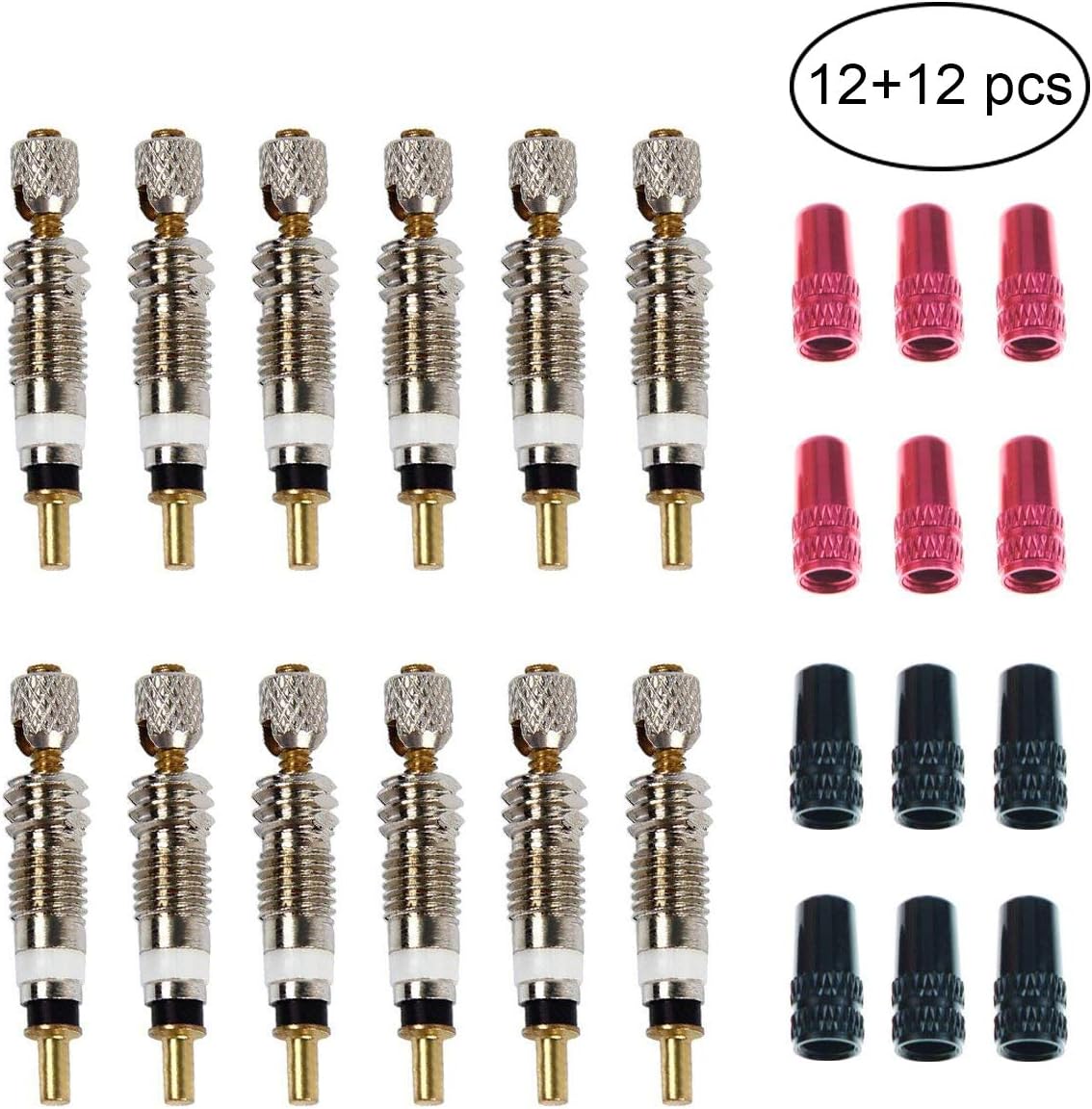 Presta Valve Core(12 Pack) and 12 Anodized Alloy Presta Valve Caps for Tubeless Road & MTB Bike Works w/Stan's, Vittoria, Continental, Kenda & More. No-Leak Replacement Presta and Schrader Valve Cor