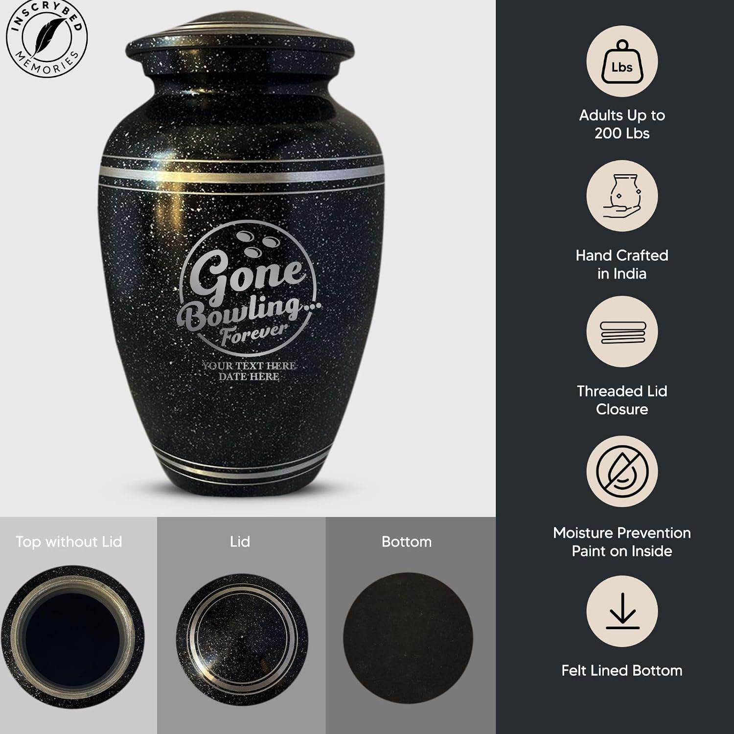 Personalized Human Cremation Urn for Adult Bowlers Ashes Men & Women - Engraved Aluminum Urn with Name & Funny Humorous Gone Bowling 2 Design - Vessel for Bowling Lovers Remains, Black with Silver Rim