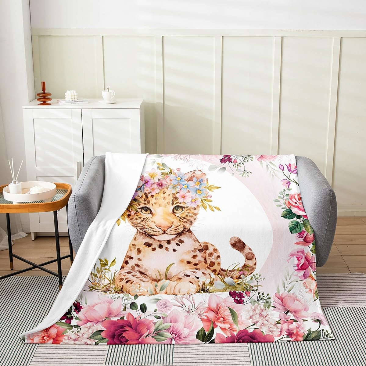 Feelyou Kids Cute Leopard Flannel Fleece Throw Blanket Queen 90"x90" Cartoon Animal Plush Blanket Flower Floral Print Fuzzy Blanket Farm Zoo Garden Theme Wildlife Style Decor All Season Bed Blanket