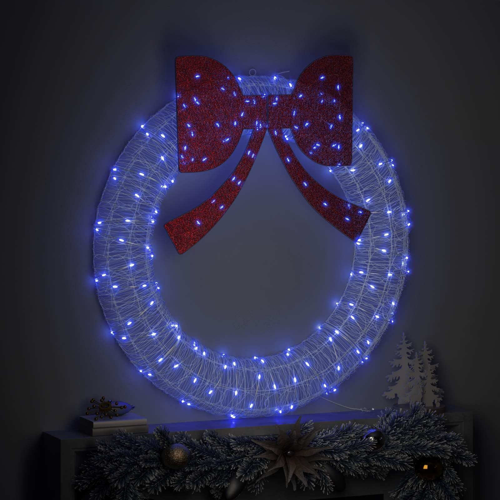 Mangloder Couronne bleue en acrylique avec 150 LED, 120 cm, décoration de Noël, alimentation USB, télécommande, nœud scintillant, pour intérieur et extérieur protégé, look moderne de l'Avent et