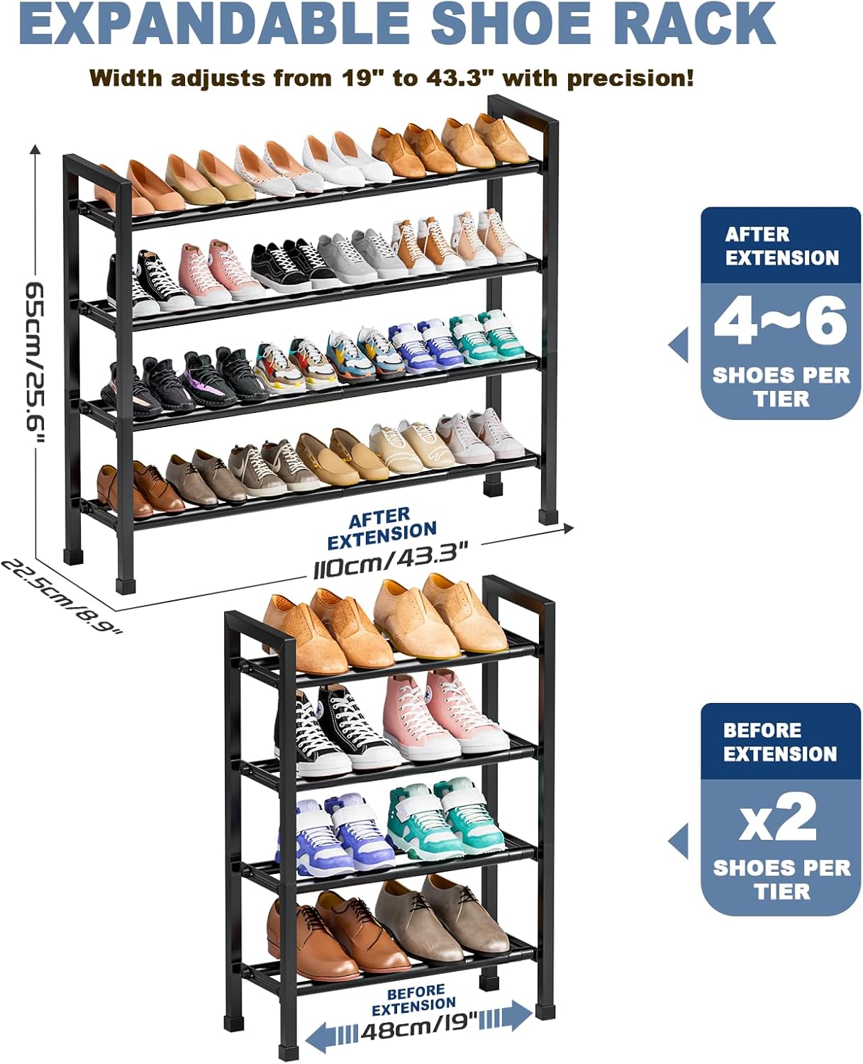 Mavivegue Expandable Shoe Rack, 4-Tier 19"-43.3" Adjustable Shoe Rack for Closet,Hall Entryway,Front Door,Garage, Sturdy Steel Space-Saving Rack, Black​