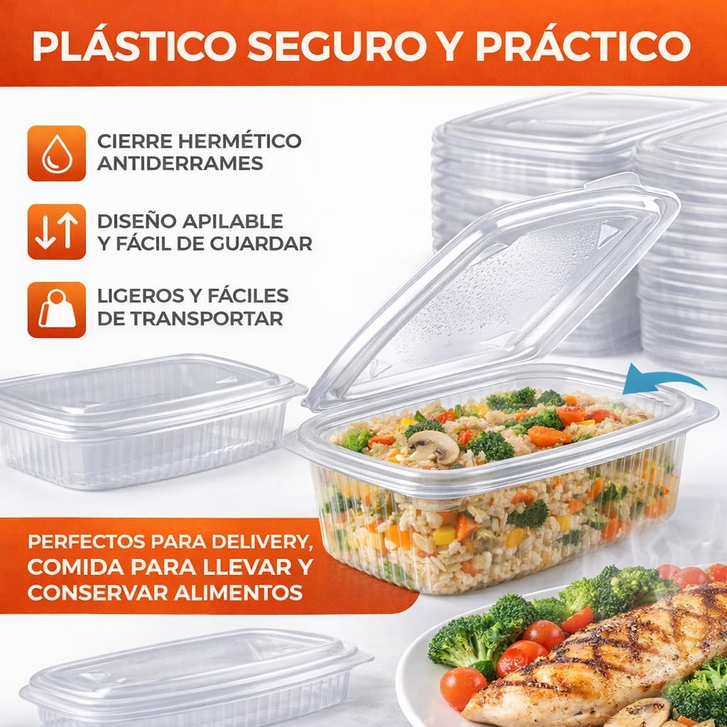 Envases comida para llevar 1000ml, pack de 100 unidades, tapa transparente, recipientes plástico PP desechables para hostelería, restauración y delivery, comida caliente y fría, apto para microondas