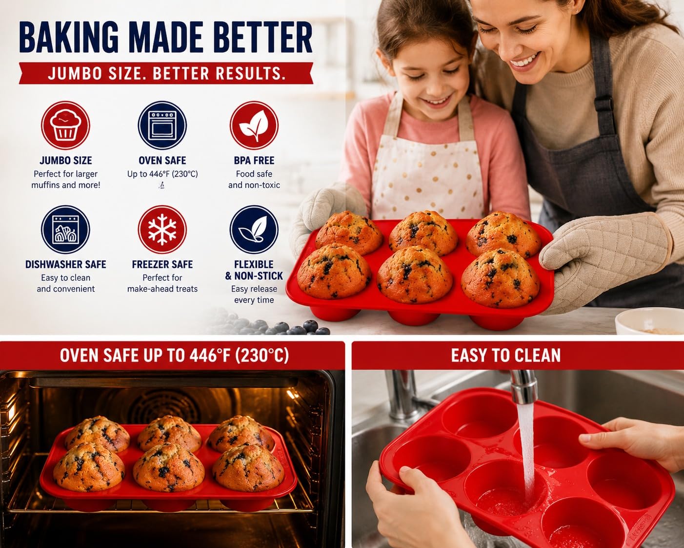 Texas - molde de Silicona para magdalenas, muffin y cupcakes, para 6 magdalenas grandes, uso comercial, con libro electrónico de recetas (idioma español no garantizado)