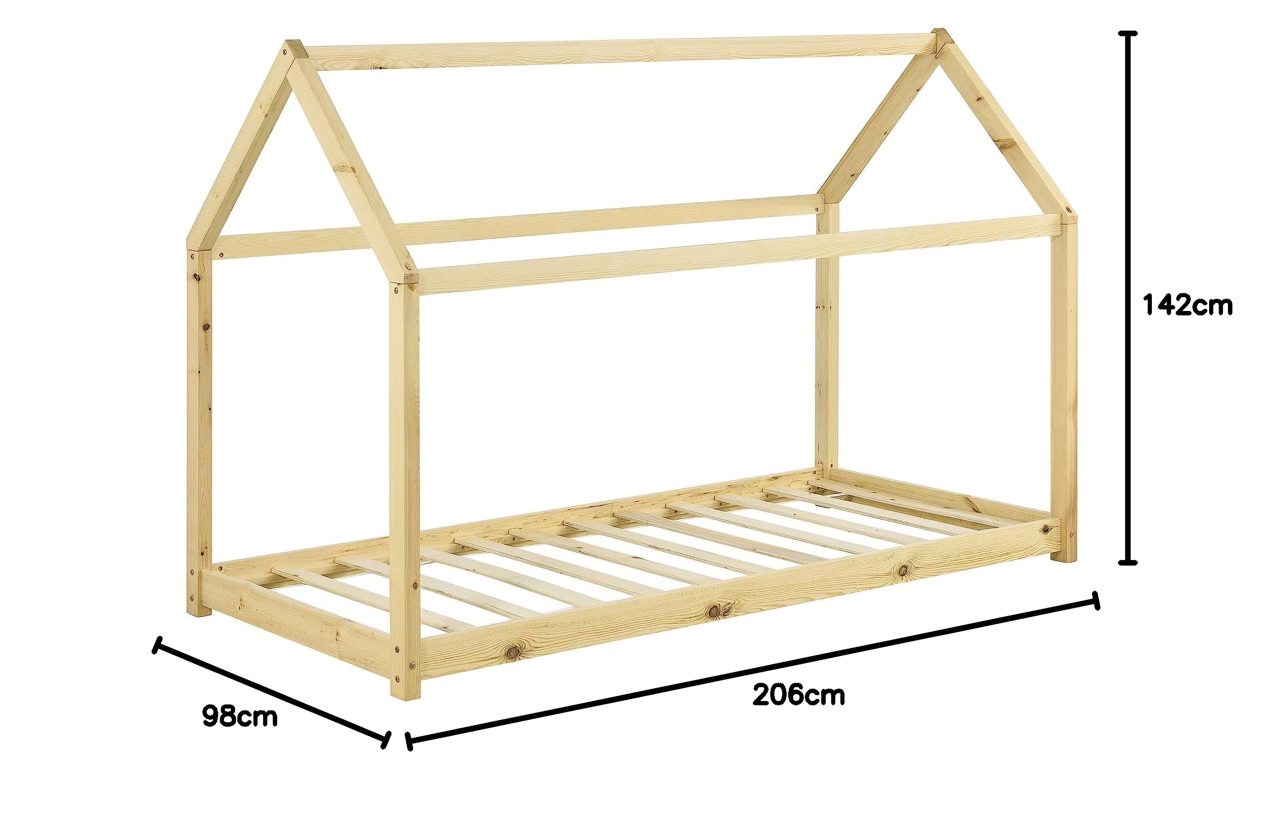 [en.casa] Letto per Cameretta a Forma di Casetta Letto per Bambini Adolescenti Struttura in Legno di Pino in Stile Montessori 90 x 200 cm Color Naturale