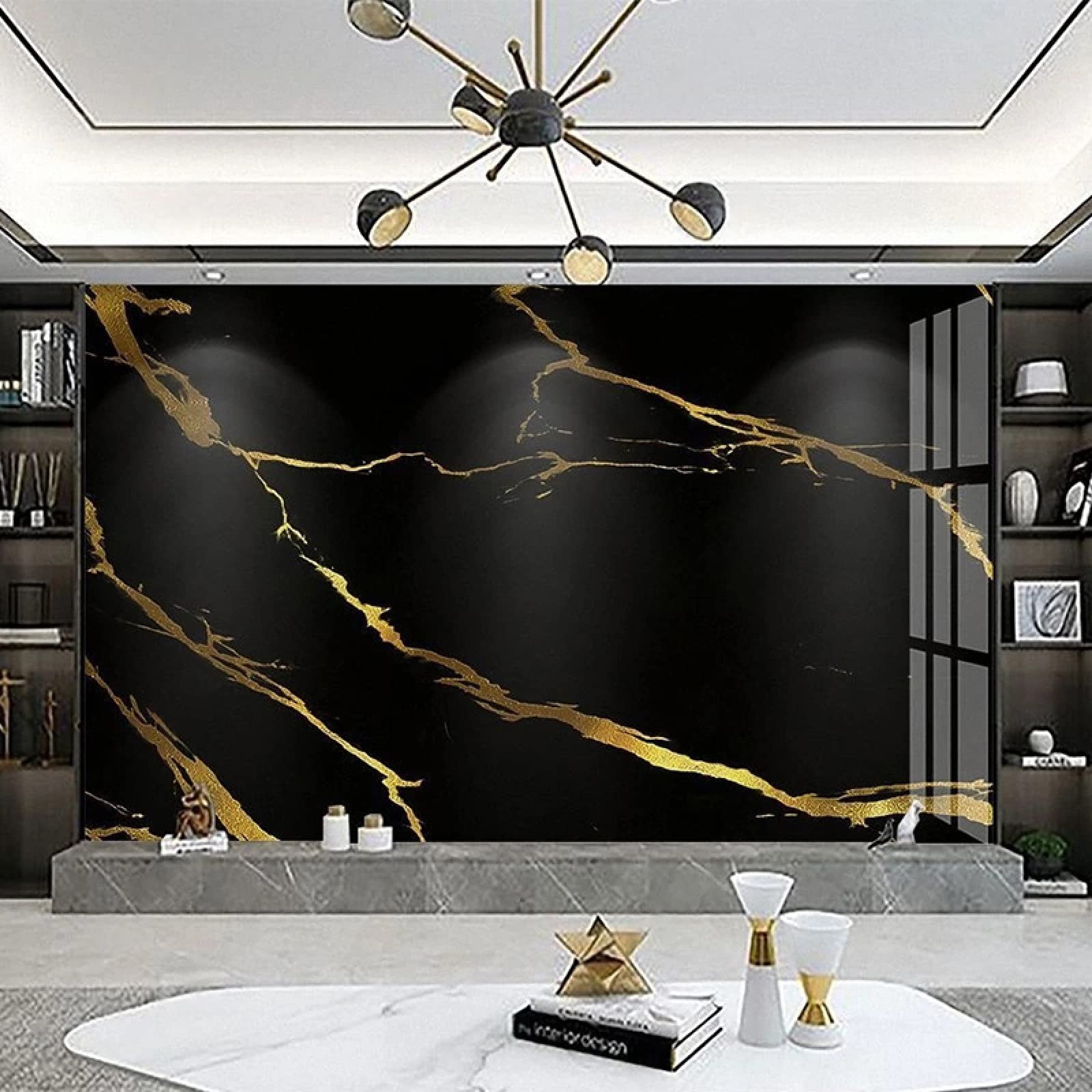 Papier Peint Marbre Noir 3D Ligne Dorée Panoramique pour Décoration Murale Salon Canapé