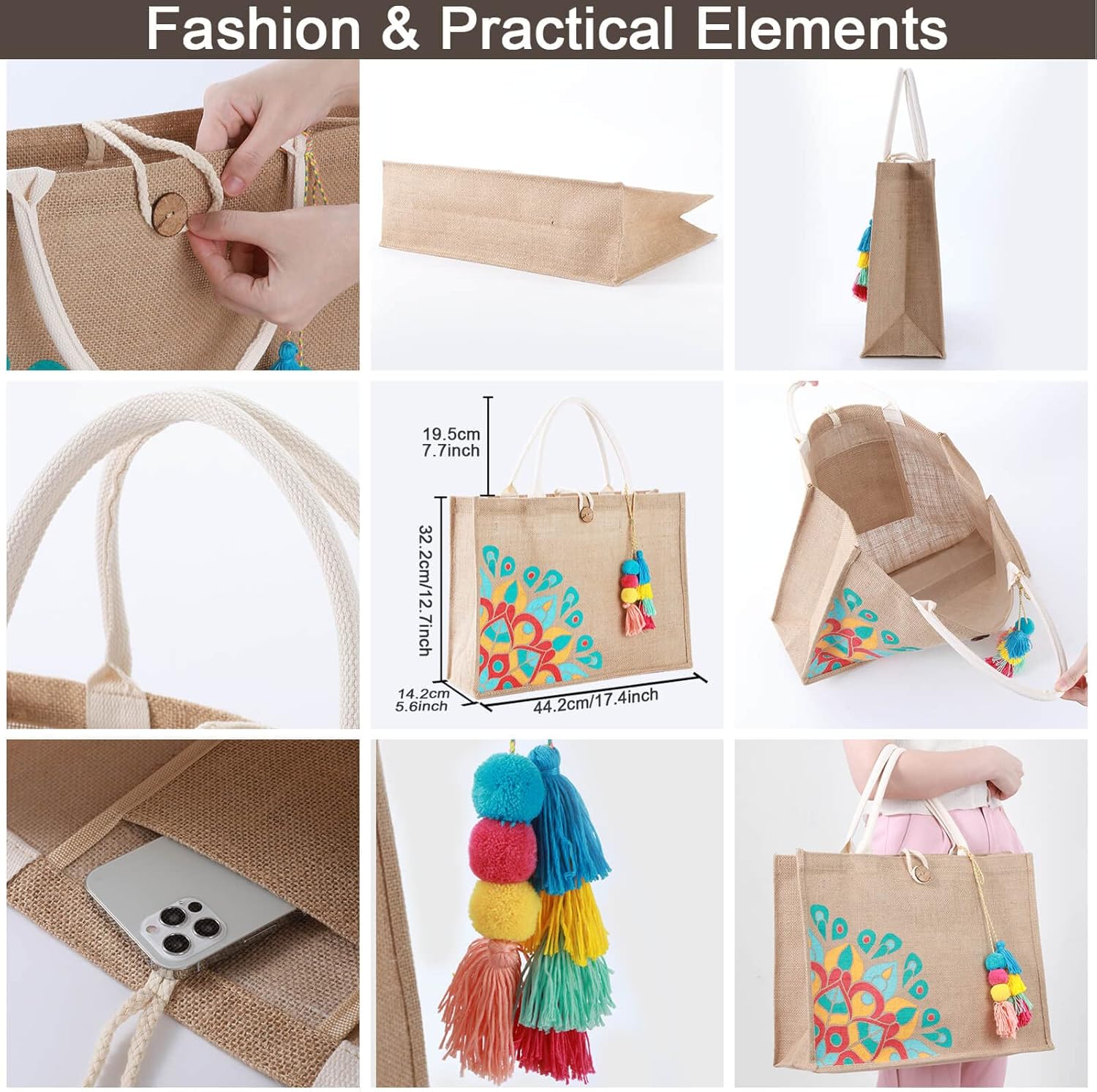 Beach Bag for Women, Straw Beach Tote Bag with Pocket Tassel Handle Waterproof Lining, for Summer Vacation Pool Gift - Image 5