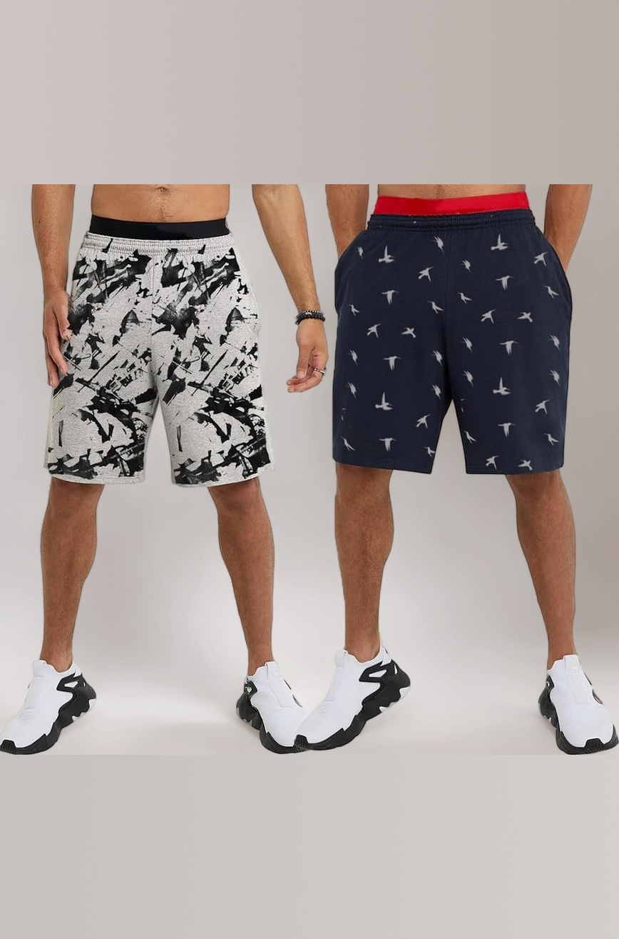 Men's Casual Cotton All Season Printed Regular Shorts, Workout Shorts, Elastic Waist Running Shorts with Pockets Pack of 2