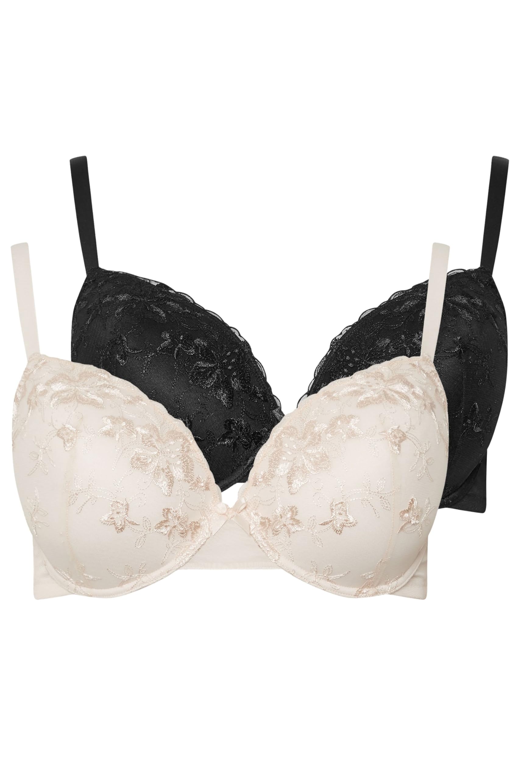 Yours Women's 2 Pack Floral Lace Embroidered Padded Bras in Black | Size: 46D