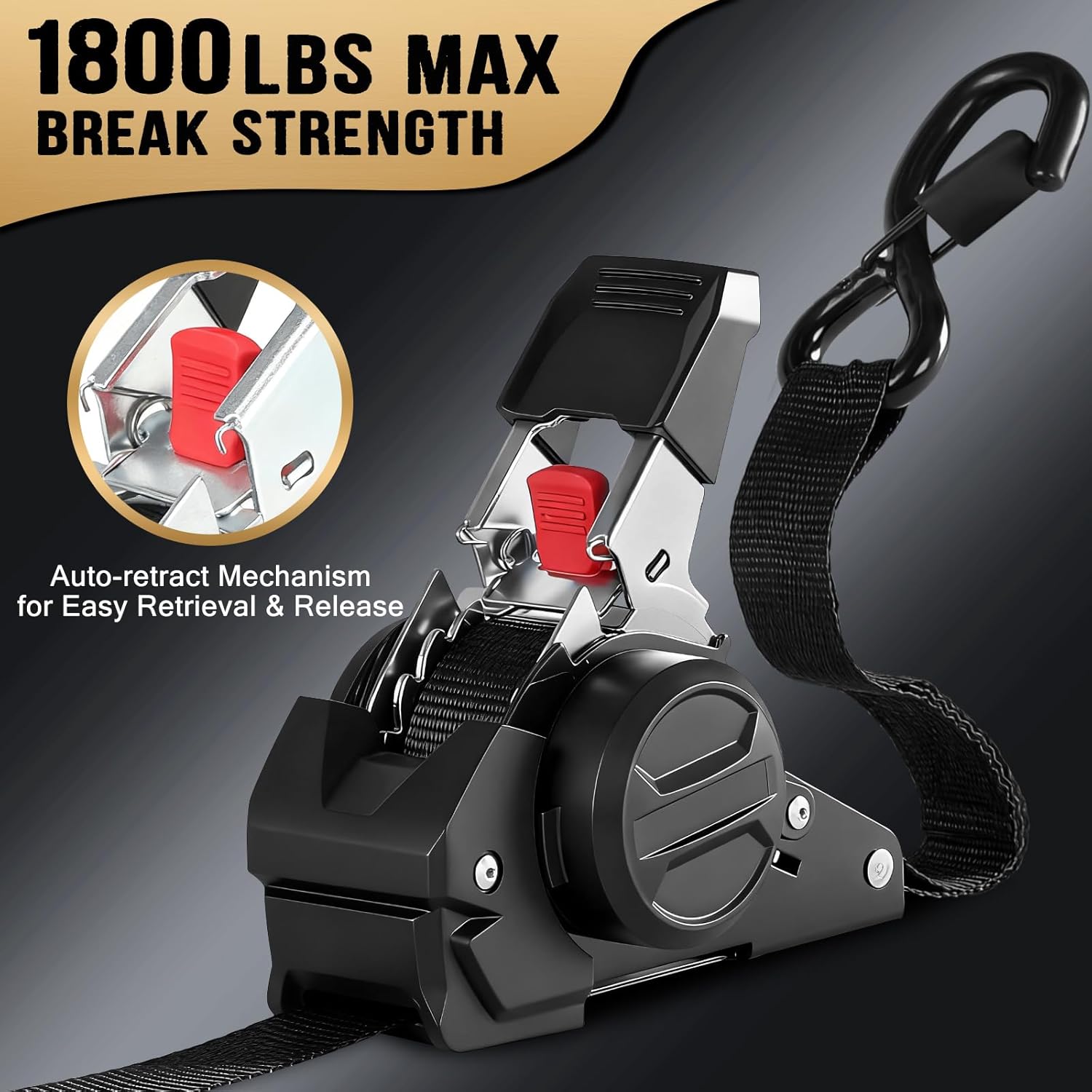 10FT Retractable Ratchet Straps(2-Pack) - 1 Inch (1800 LB Break Strength) Heavy Duty Self Retracting Ratchet Straps with Soft Loops & Storage Bag for Household, Motorcycle, Truck, ATV(Black) - Image 2
