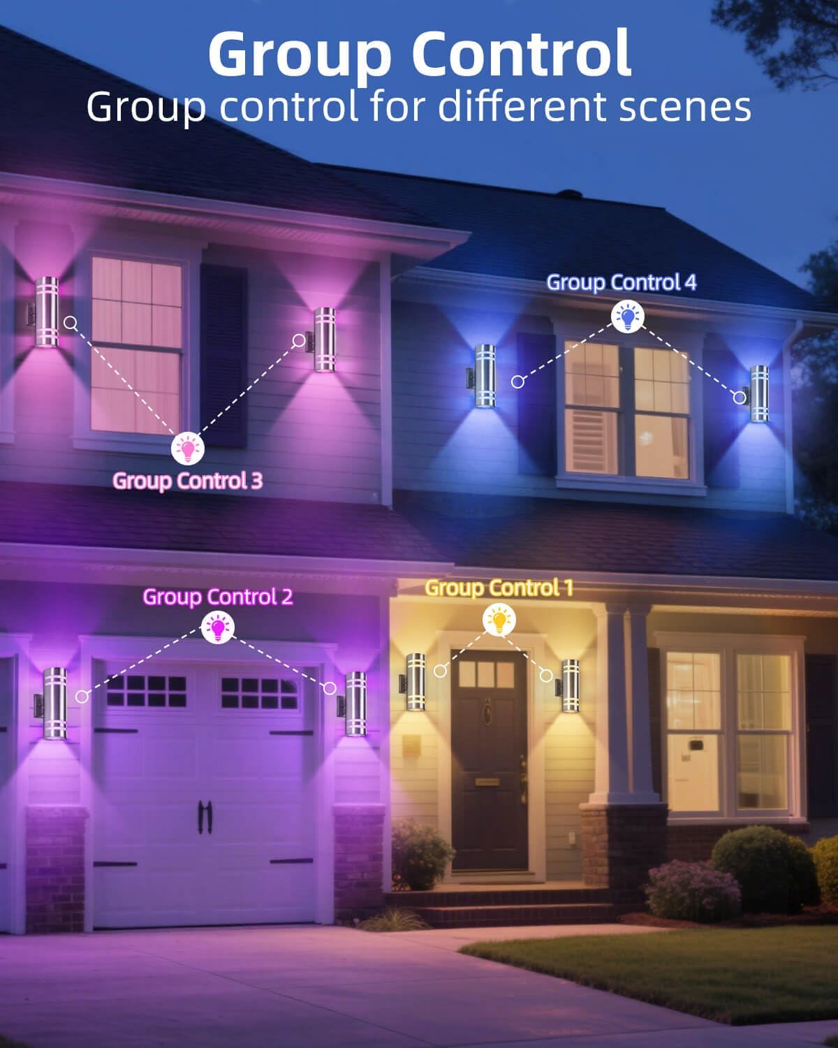 Smart Stainless Steel Outdoor Wall Light 2 Pack, WiFi RGB Up and Down Sconce with Dusk to Dawn Sensor, Color Changing Exterior Lighting Fixtures, Compatible with Alexa & Google, Remote Included