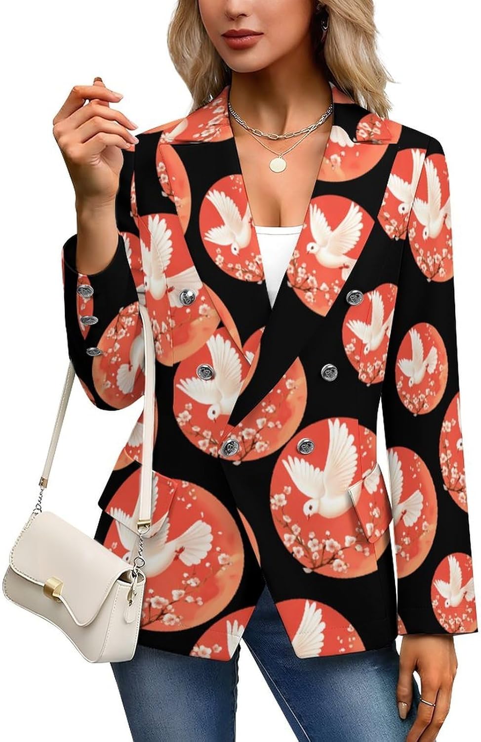 Beautiful Flying White Dovees Women's Blazer Long Sleeve Suits Business Casual Blazers Jackets Lapel Open Front Suit