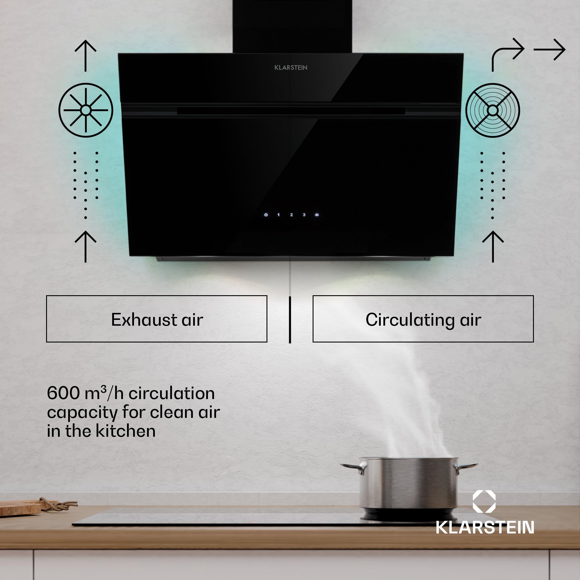Klarstein Alina Okap kuchenny przyścienny – 60 cm, przepływ 600 m³/h, klasa energetyczna A, sterowanie dotykowe, podświetlenie LED w 9 kolorach, cichy 52 dB, czarny, tryb wyciągu i recyrkulacji