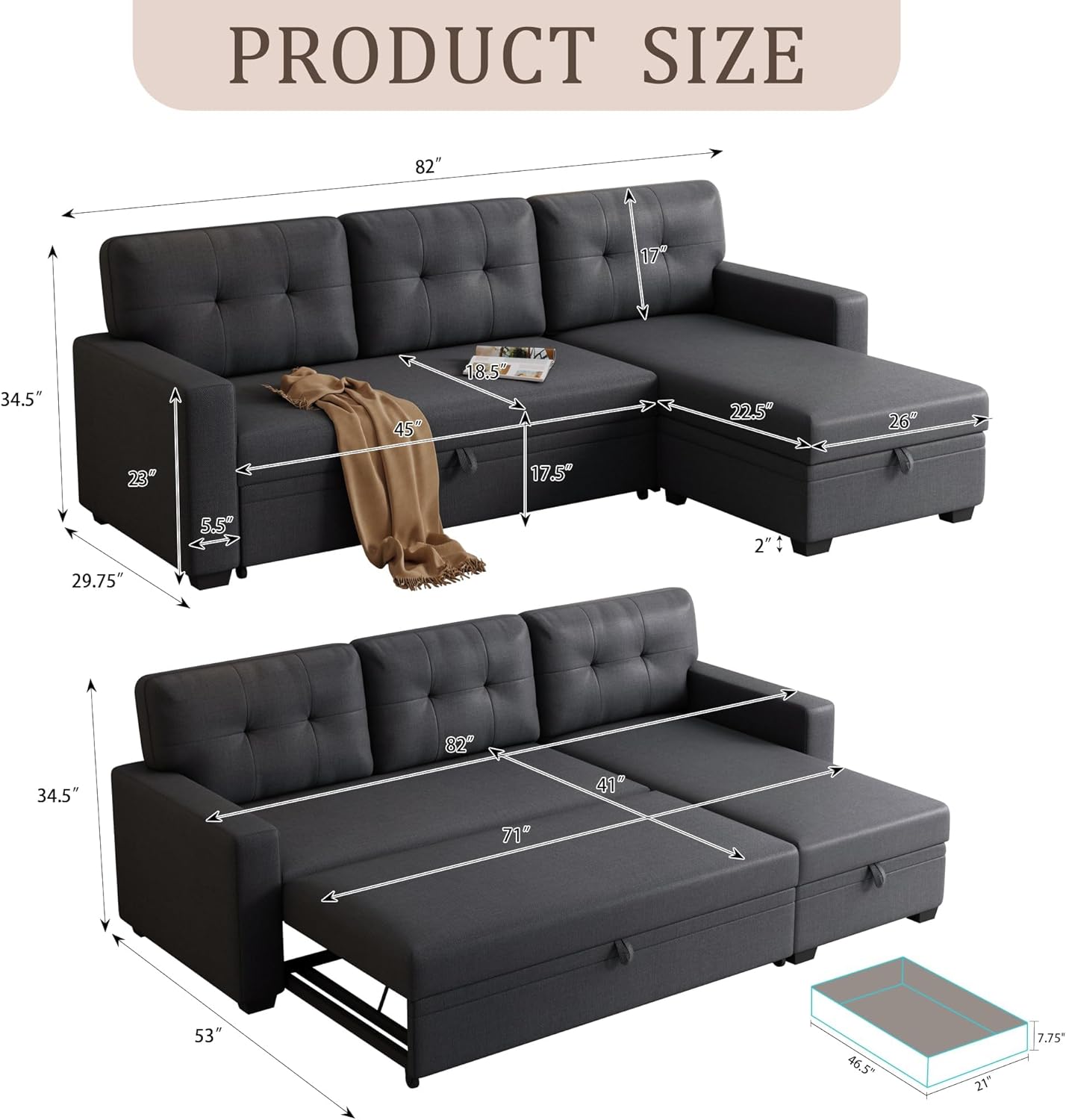 ACQCA 82" L Shaped Sleeper Sofa, Pull Out Couch Bed with Storage Chaise and 3 Tufted Back Cushion for Living Room,Apartment,Office,Dark Gray