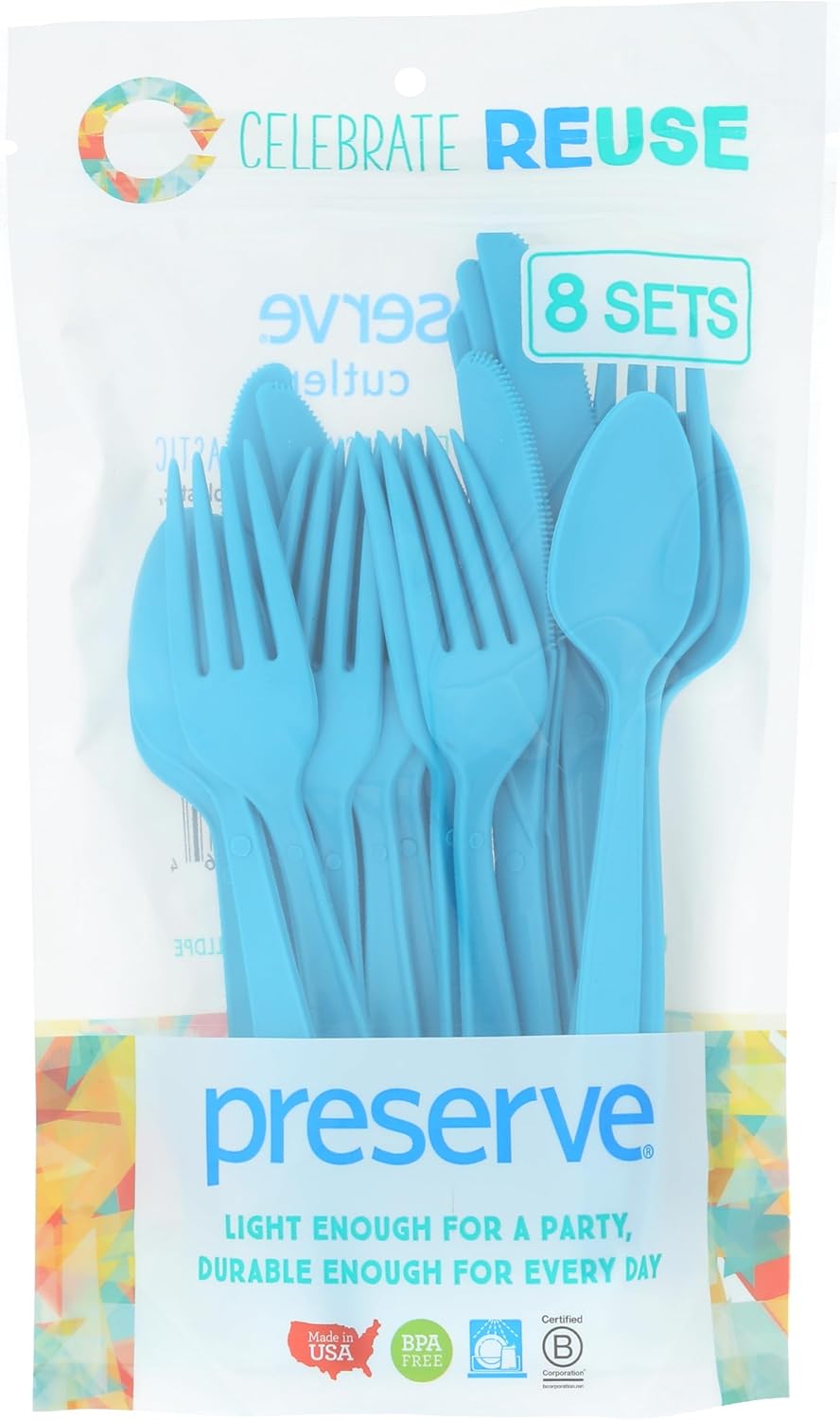 Preserve On the Go Reusable Cutlery 24-Piece Set - BPA-Free, Dishwasher Safe, Recycled Plastic Utensils Made in USA, Aqua Blue