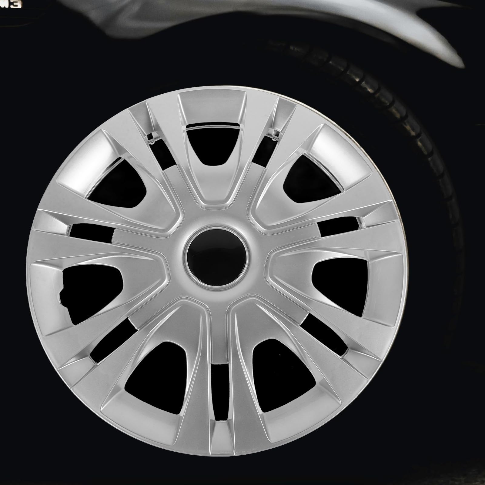 Coprimozzi Centrali 14 Pollici, Set 4 Pezzi, Plastico, Argento | Copertura per Ruote Auto, Stile Unico e Compatibilità Ampia, Design Decorativo Resistenza ai Danni