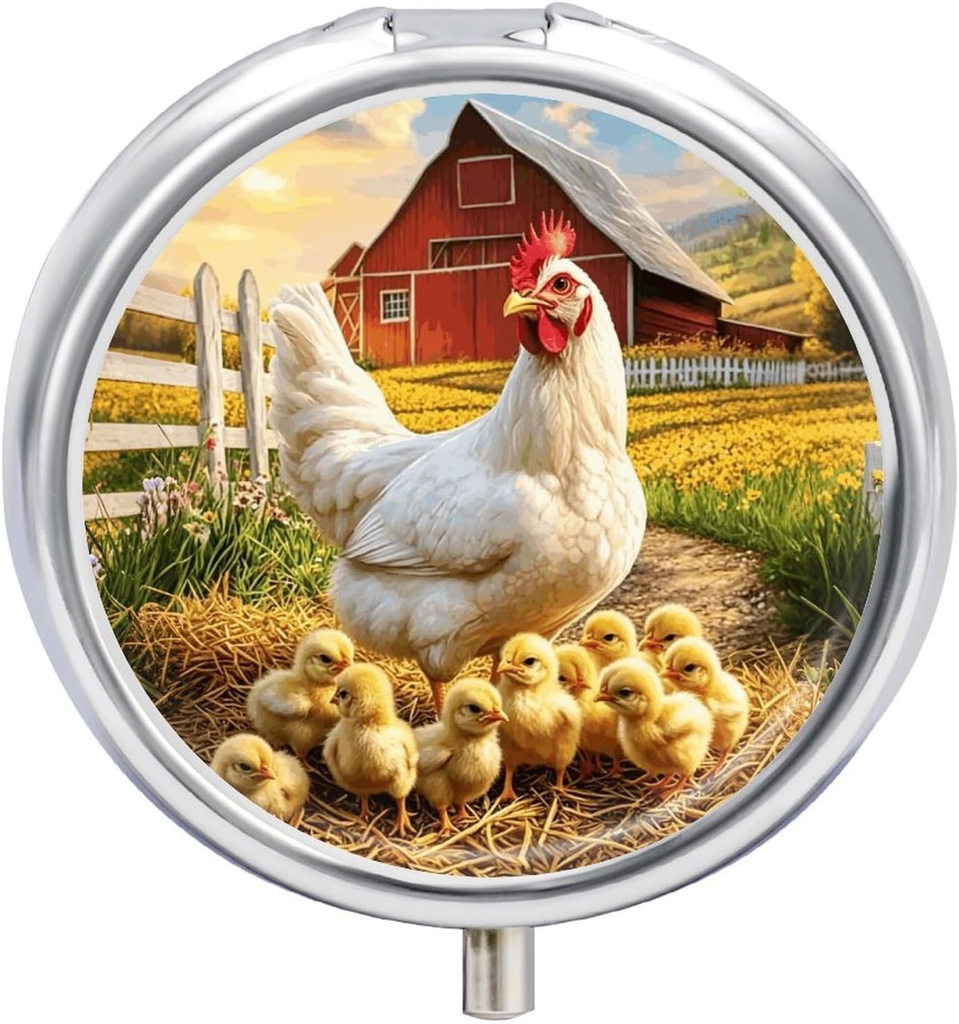 Hens Chicks Round Pill Box with 3 Compartments & Mirror