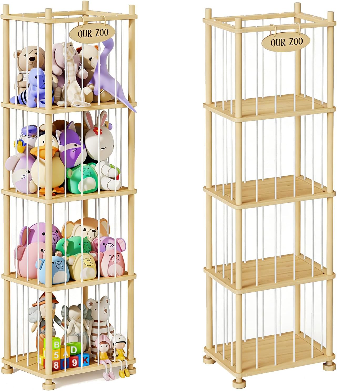 Stuffed Animal Storage Organizer, Solid Pine Wood Toy Storage Rack with Removable Shelves, Large Stuffed Animal Holder for Kids Room, Nursery, Playroom, Sort Plush Toys by Size, Color, or Type