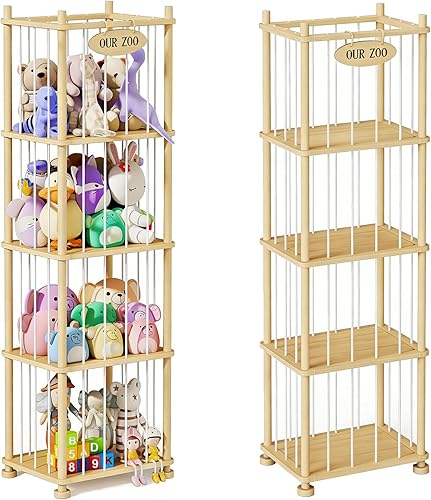 Organizador de almacenamiento de animales de peluche, estante de almacenamiento de juguetes de madera de pino macizo con estantes extraíbles,