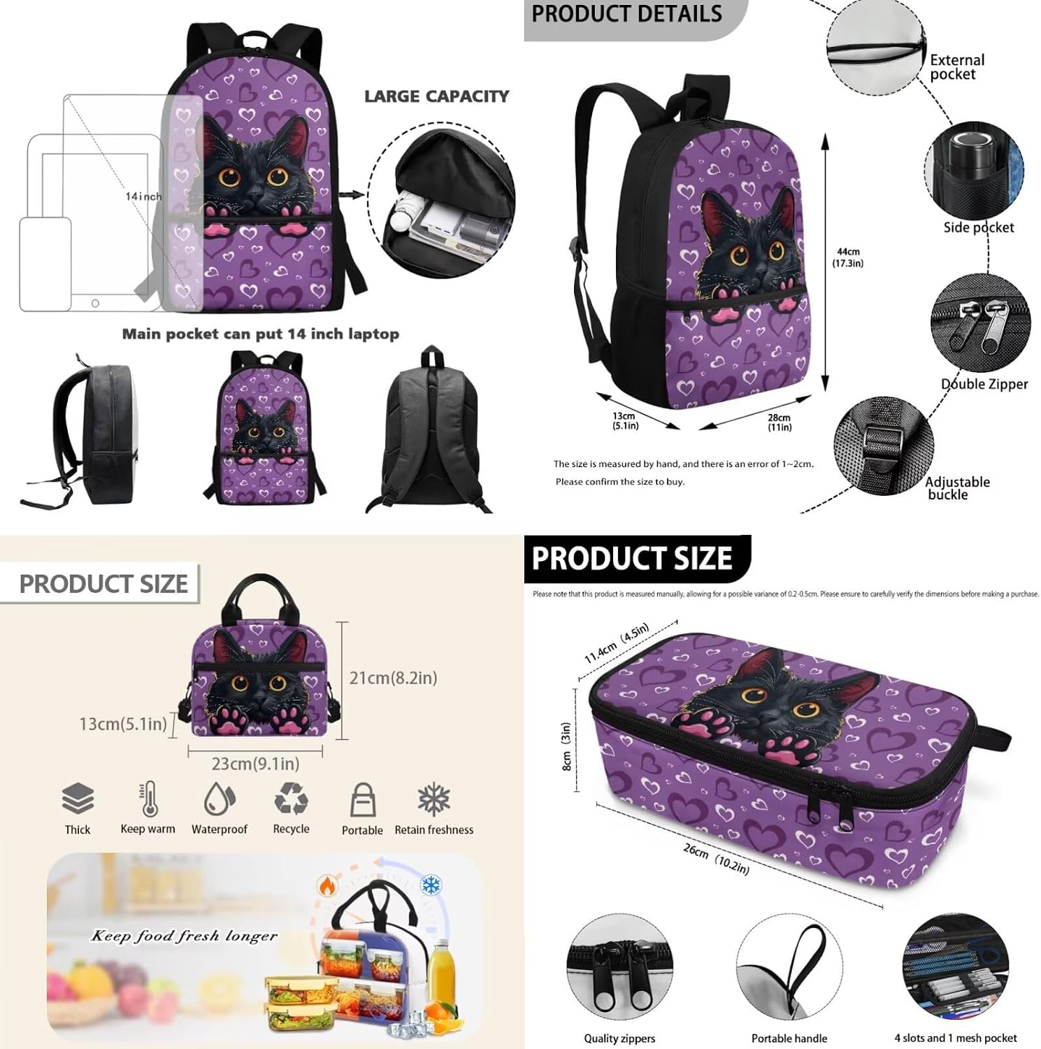 3 Pieces Purple Cat Backpack for Girls 10-12 Cute Middle School Bag Set for Toddler Preschool Elemenary Cute Kids Bookbag with Lunch Box and Pencil Box Walking Book Bag