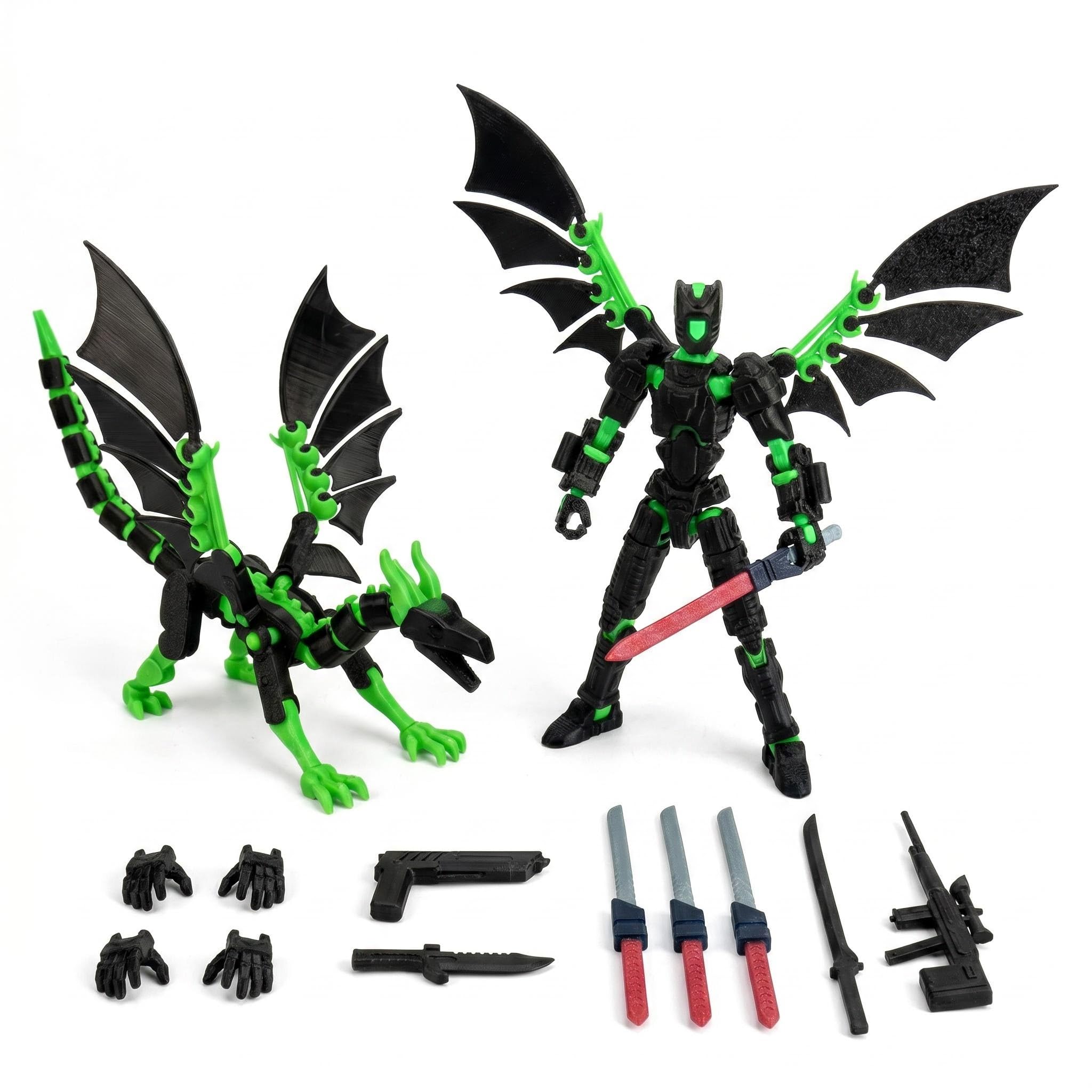 DiiWmme Pre-Assembled T13 3D Printed Action Figure Set,Dummy 13 Multi-Jointed Robot Figure with Dragon Companion, Collectible Desk Decor,Titan 13 Toys with Interchangeable Weapons Hands (B)