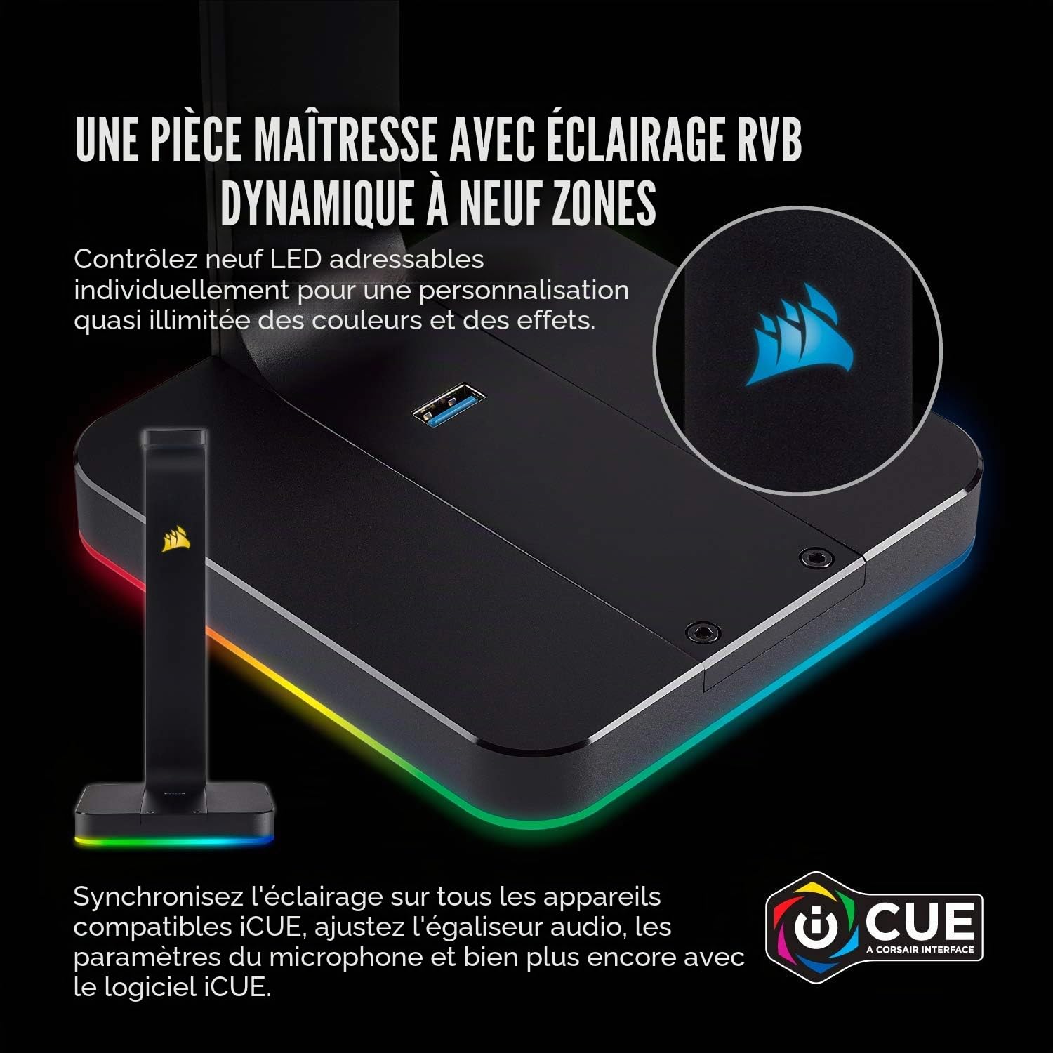 Corsair ST100 RGB Support pour casque avec son surround 7.1 3,5 mm et 2 ports USB 3.0