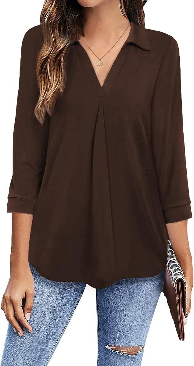 Newchoice Camisas de manga 3/4 con cuello en V para mujer Tops informales de negocios | Ocultar el vientre, blusas de trabajo sueltas para la oficina, reuniones profesionales, entrevistas de trabajo, ropa profesional, citas para cenar, trajes de viaje