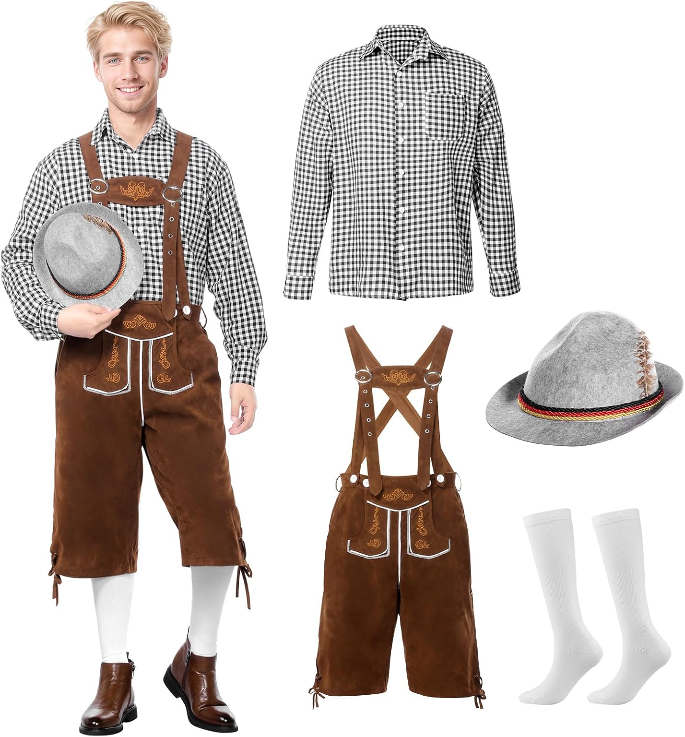Oktoberfest Outfits Men, Oktoberfest Costume with Lederhosen Shirt Hat Socks, October Festival Costume for Men