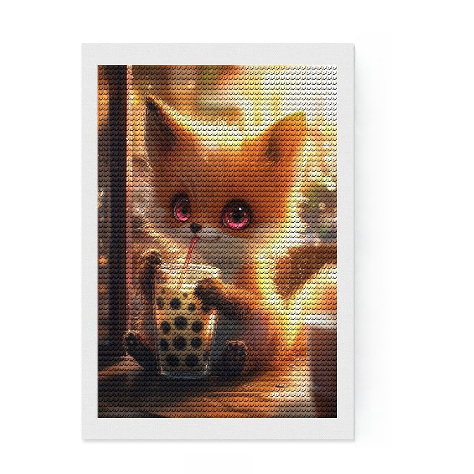 Junmoney Cute Fox Drinking Boba Tea DIY Diamond Art Canvas Kit 8"x12", for Teens, Full Kit Included, Cosy Home Accent, Birthday Gift, Printed Canvas