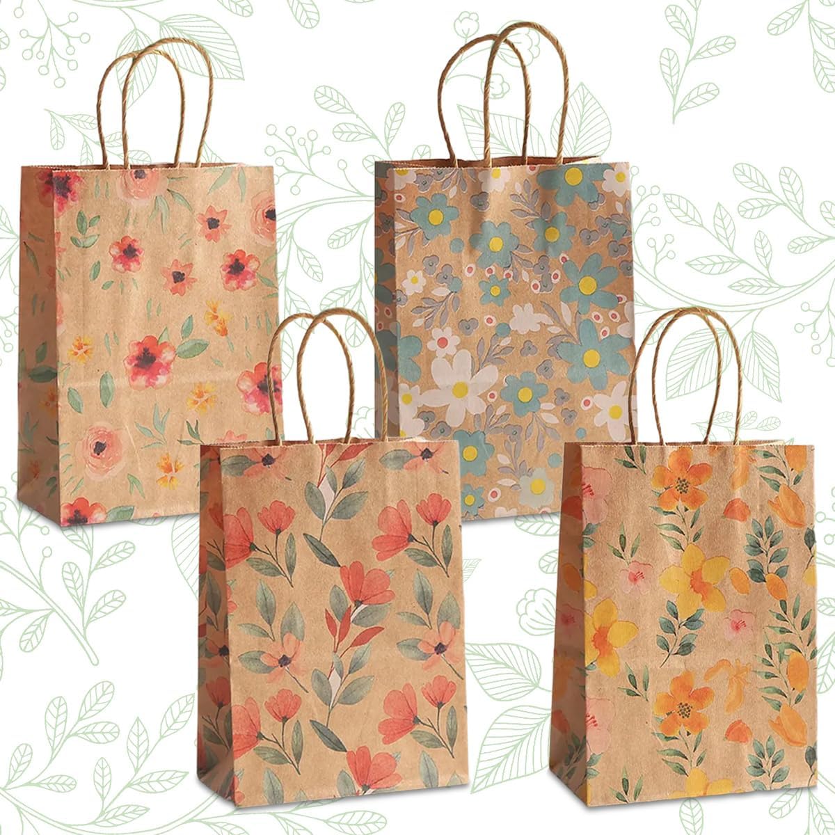 24pcs Floral Pattern Kraft Paper Bag Gift Bags with Handles for Party Favors, Mothers Day, Weddings, Birthday Celebration, Baby Shower,8.26×5.9×3.14inch - Image 3