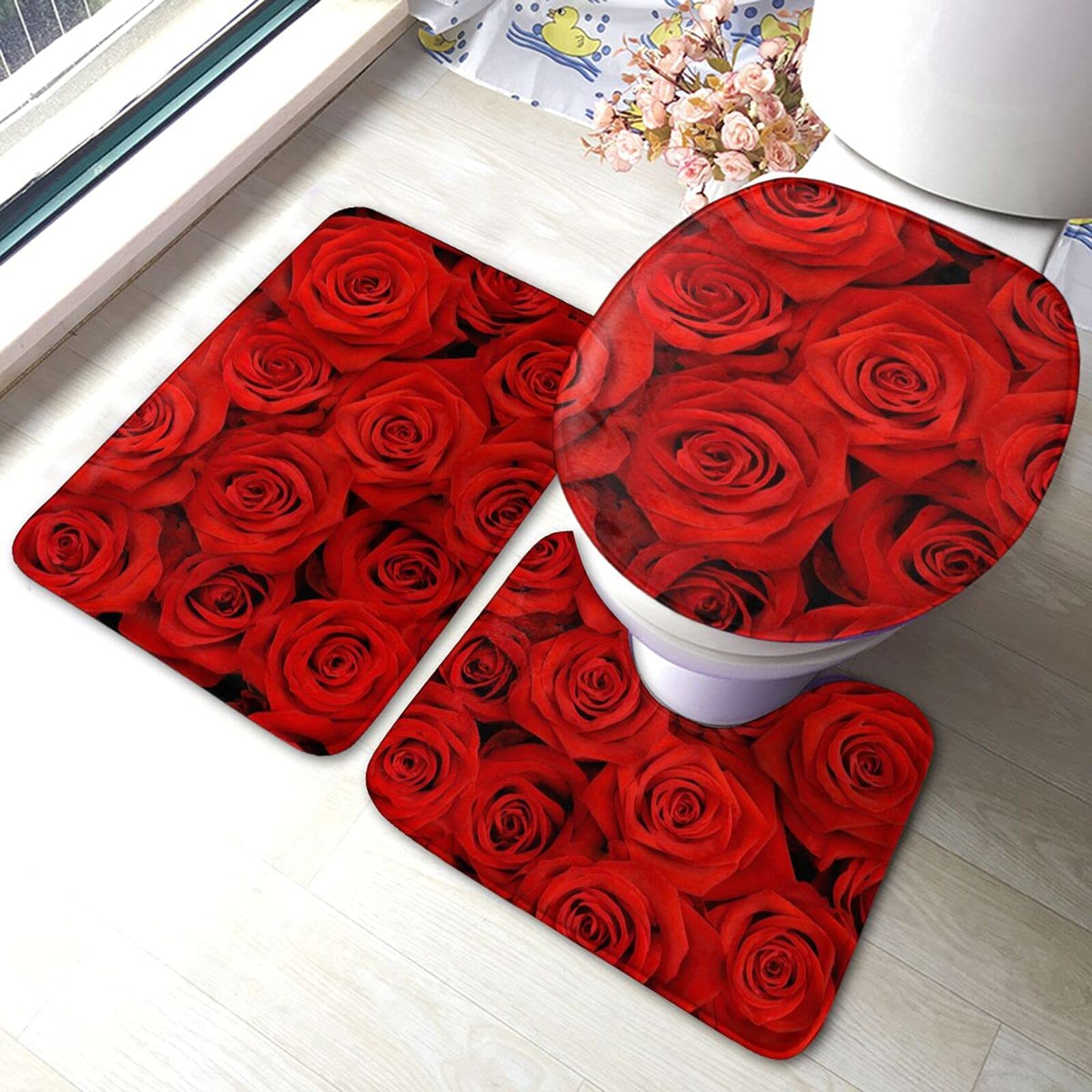 Amazon | トイレマット セット 3点 おしゃれ 赤い薔薇 足元マット 