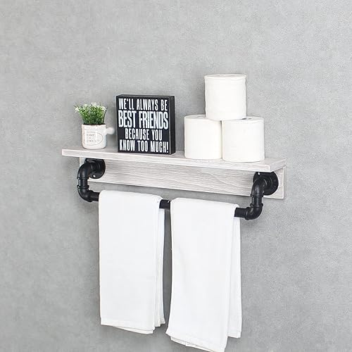 Miniatura 3 de MBQQ Estante de tubo industrial, estante de pared rústico con toallero, toalleros de granja de 24 pulgadas para baño, estantes flotantes montados en