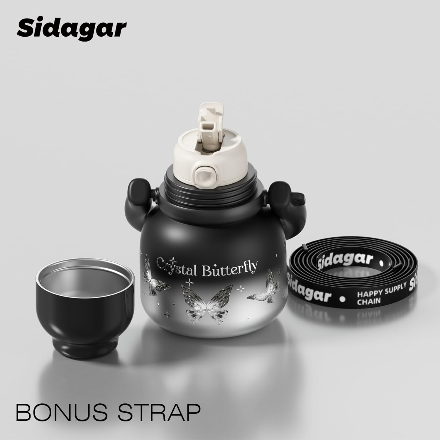 22 oz Water Bottle with Straw and Bowl, Wide Mouth Insulated Stainless Steel Tumbler, Travel Water Cup Drinks Flask for Women Easy Carry - Crystal Butterfly Silver - Image 5