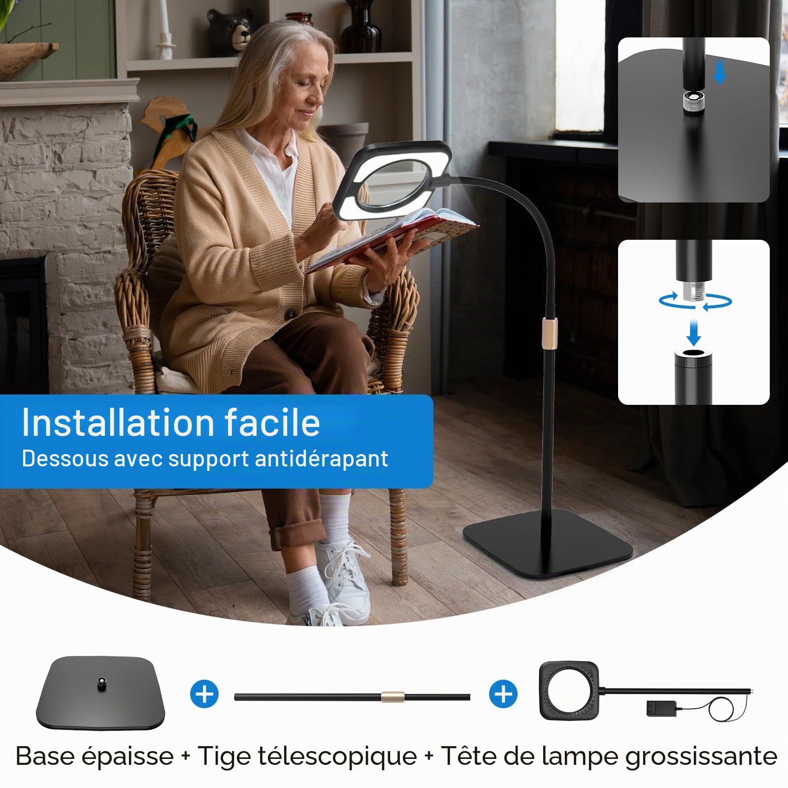Loupe avec lumière et support - Lampe sur pied 8 LED avec 3 réglages de température de couleur - Lampe loupe avec 56 LED à intensité variable pour la lecture, les personnes âgées, les loisirs créatifs