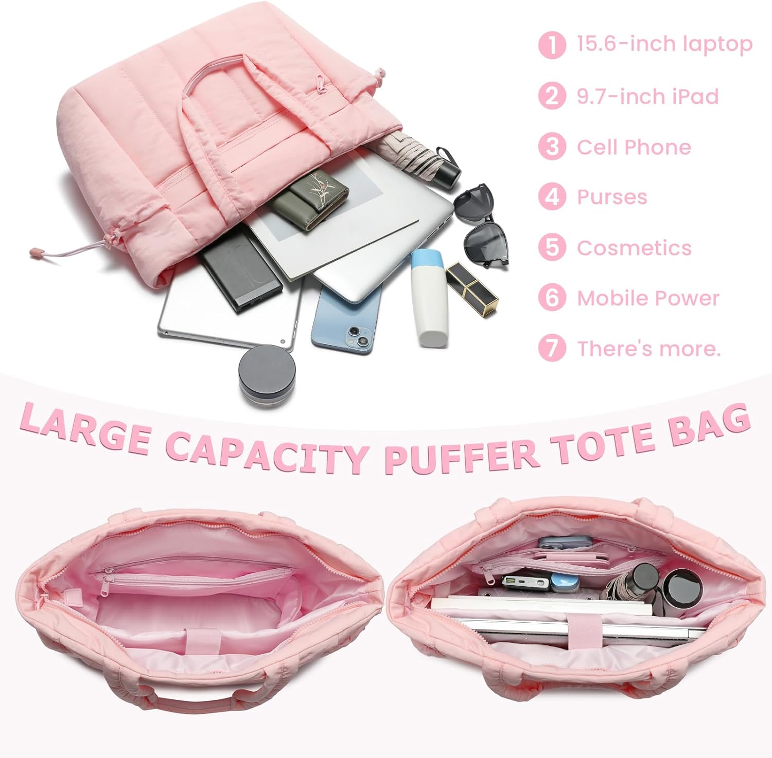 Tote Bag for Women, Lightweight Puffer Tote Bag with Compartments, Quilted Shoulder Bag Handbag with Zipper for Work - Image 5