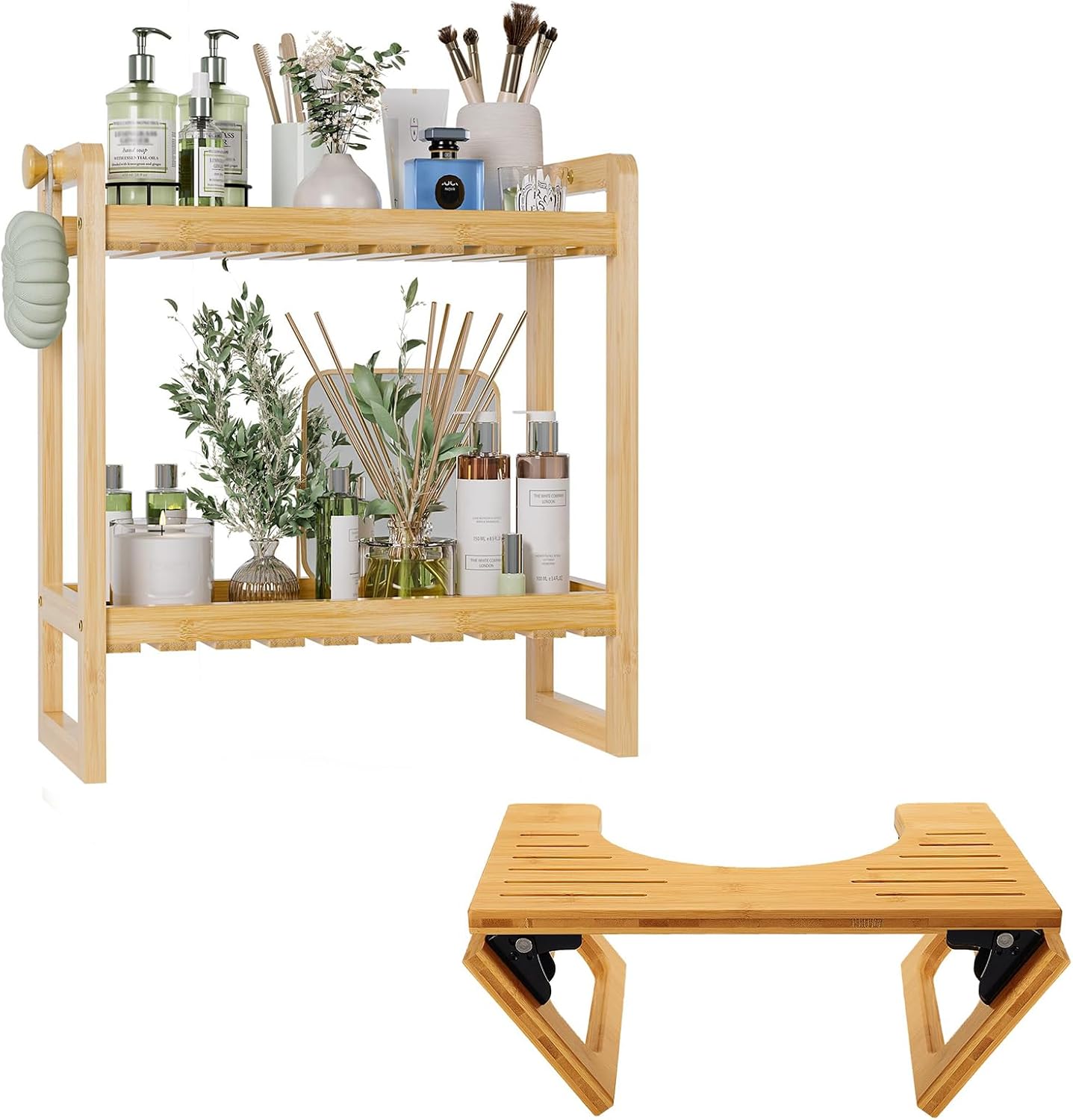 AmazerBath 7 Inches Bamboo Toilet Stool for Bathroom, 2-Tier Compact Bathroom Organizers and Storage Shelves, Space Saver, Natural Color