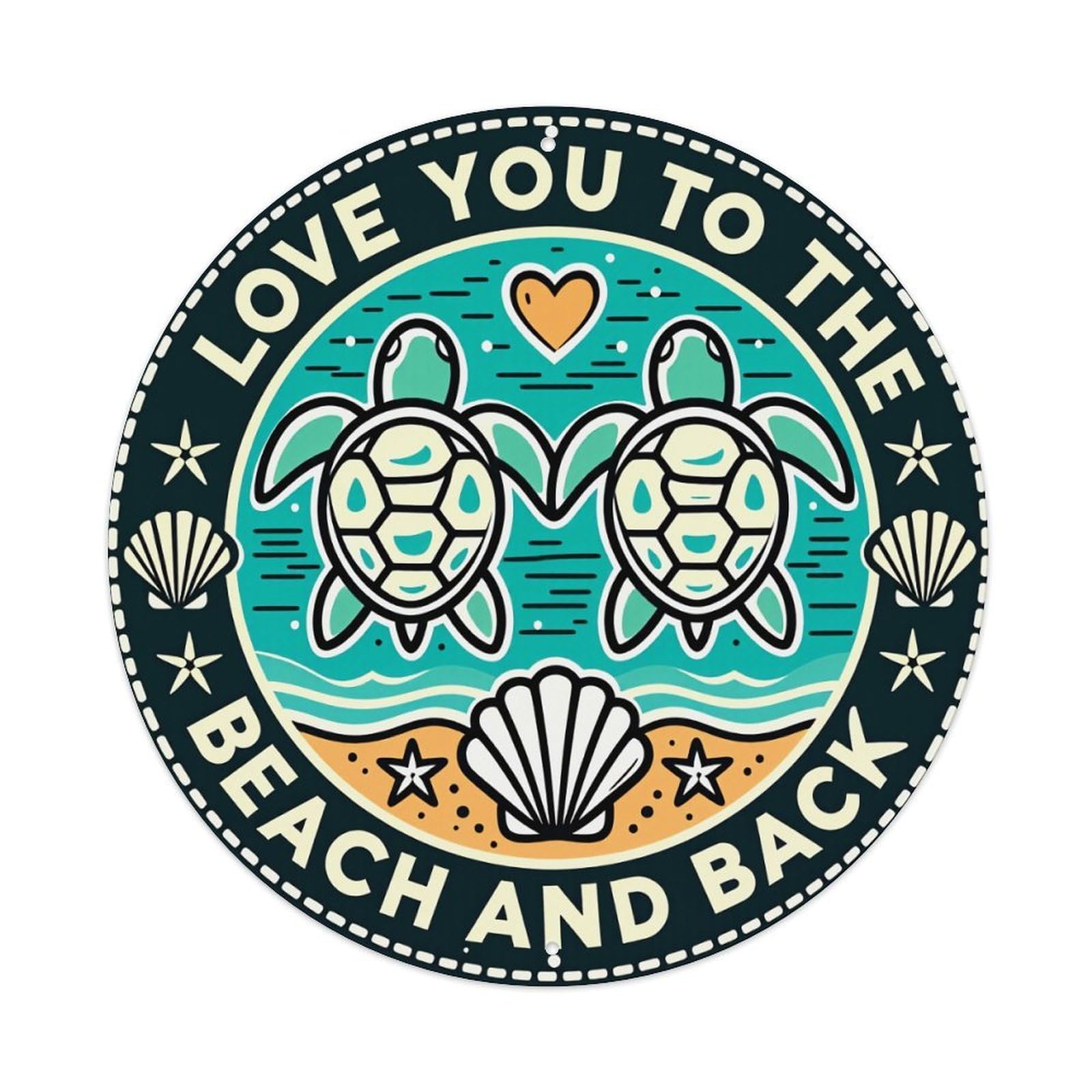 Turtles Heart Seashells Stars Waves Round Tin Sign Vintage Metal Poster Retro Bar, Home, Man Cave, Kitchen, Laundry Room Wall Art Decor Gift 8x8In