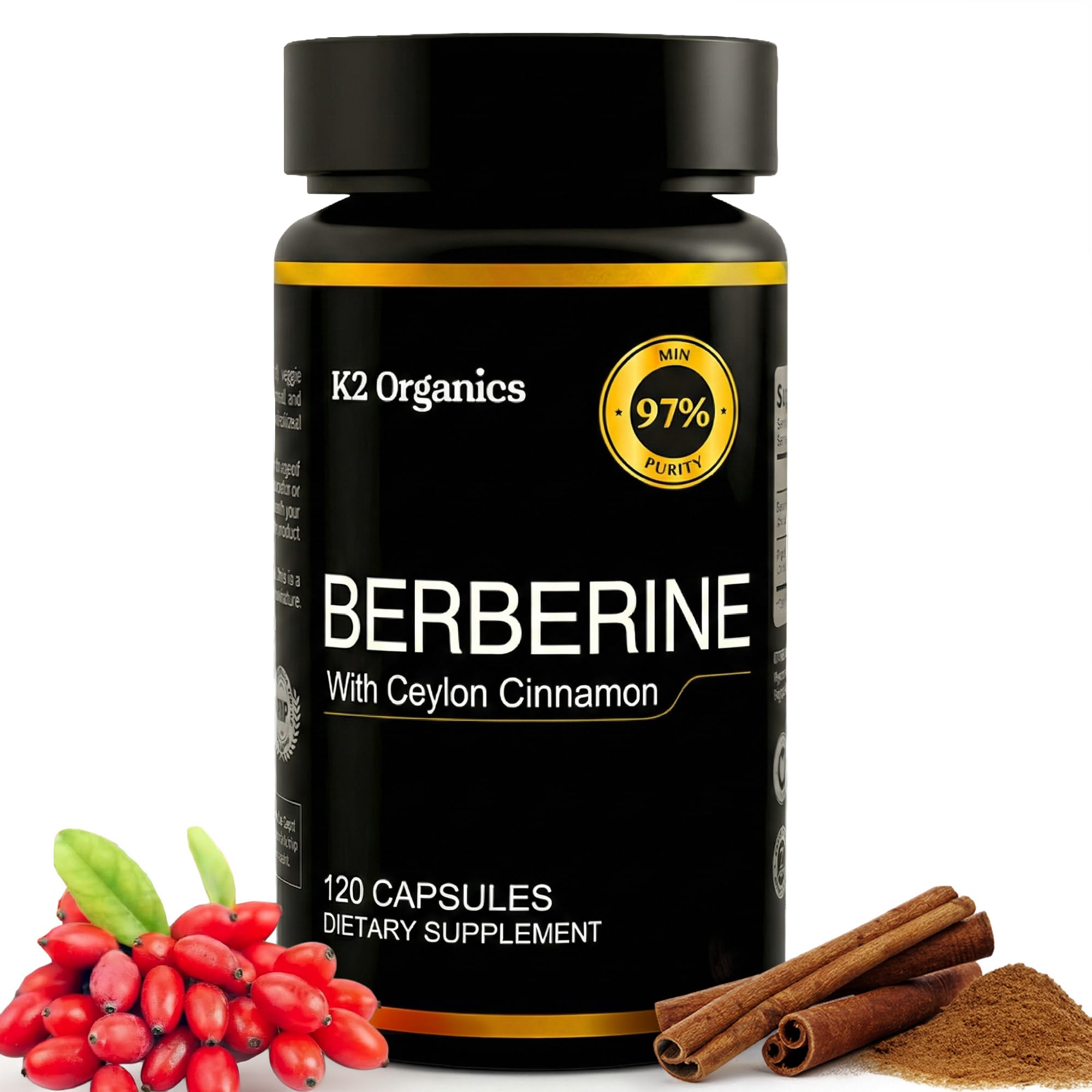 K2 Organics – Suplemento de berberina com canela-do-Ceilão 1.200 mg – 120 cápsulas
