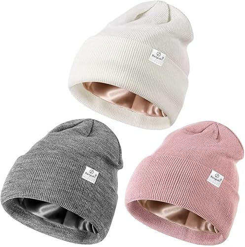Paquete de 3 gorros de invierno con forro de satén para mujeres y hombres, gorro de punto suave y cálido con puños